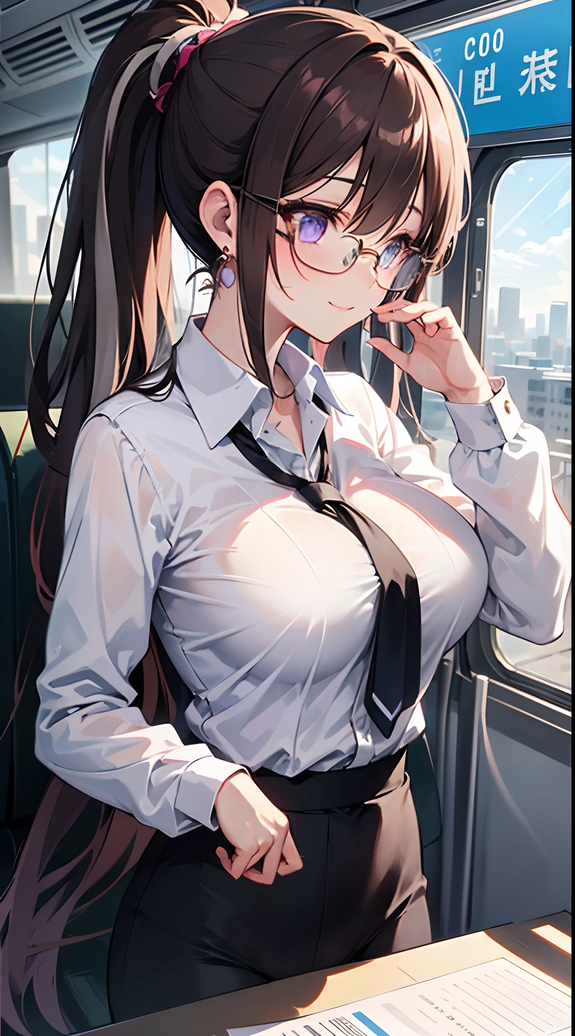 ((masutepiece)), ((Best Quality)), (Ultra-detailed), ((kawaii)), Cute, (lovely), ((Sexy)), (Ero), ((Extremely detailed)), 4K, (8K), Best Quality, (Beautiful), Anime style, Upper body, face in profile, look down from above, Focus on the face, city, Town, On the train, morning, Pretty women, Solo, Suit, ((Tight shirt)), ((Long sleeves)), Beautiful dark brown hair, Beautiful purple eyes, ((Beautiful eyes with highlights )), White-skinned, Ponytail, Transparent hair, translucent hair, large full breasts, tights, Glasses, neck tie, tie, earrings, Necklace, Smile, Lens Flare, Wind-effect, reflection effect