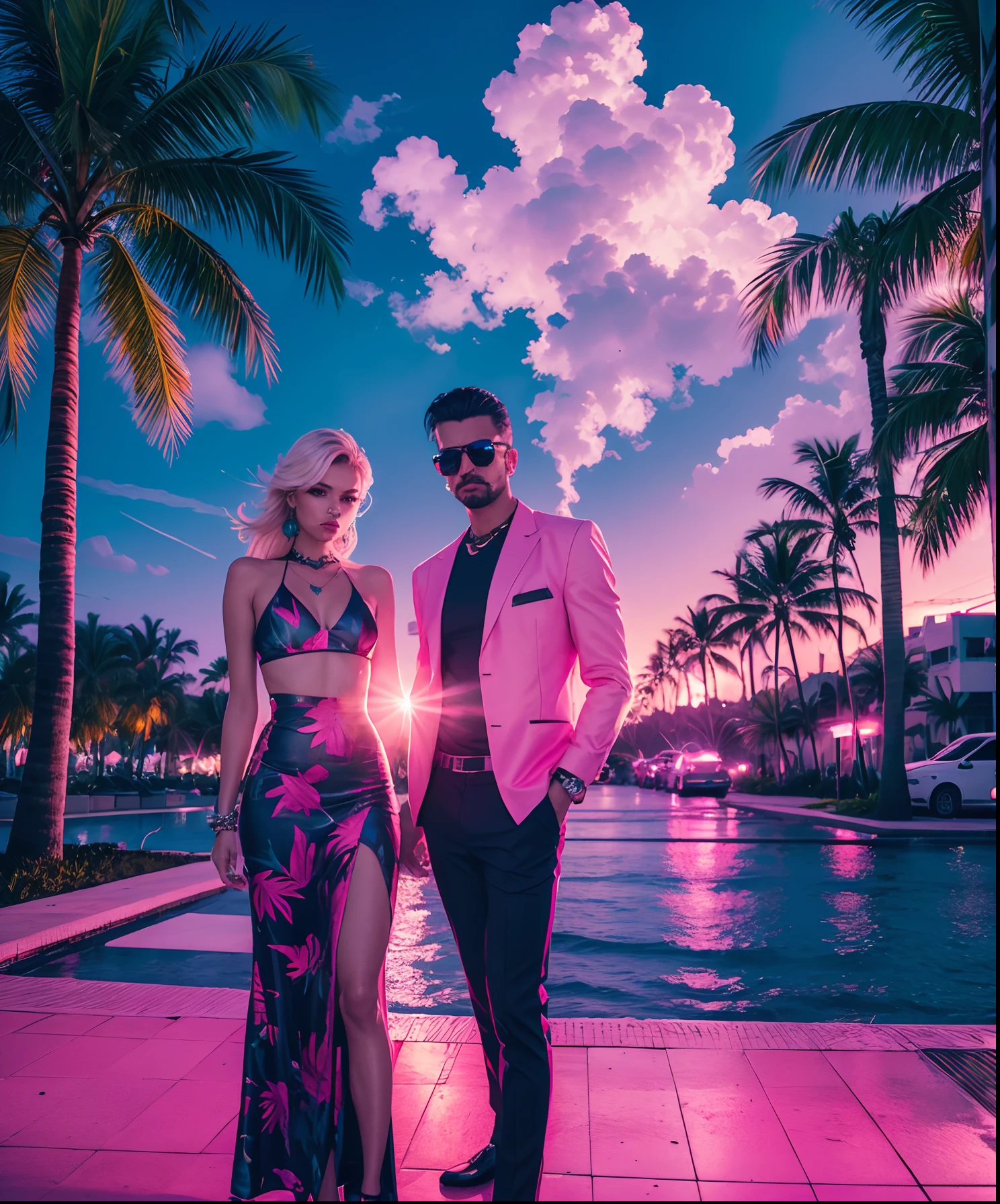high fashion shoot, miami vice style, neon lights , smoke, palm trees. --auto --s2