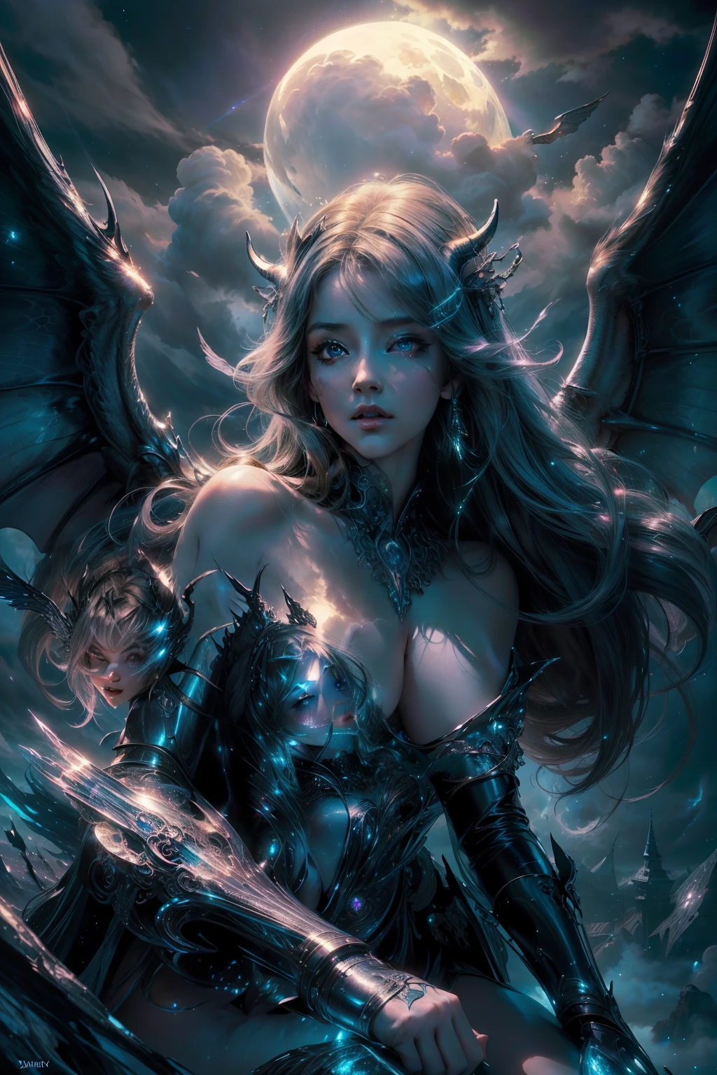 (ultra realistic, best quality, masterpiece, perfect face) , alluring succubus, ethereal beauty, perched on a cloud, (fantasy illustration:1.3), enchanting gaze, captivating pose, delicate wings, otherworldly charm, mystical sky, moonlit night, soft colors, (detailed cloudscape:1.3), (high-resolution:1.2)