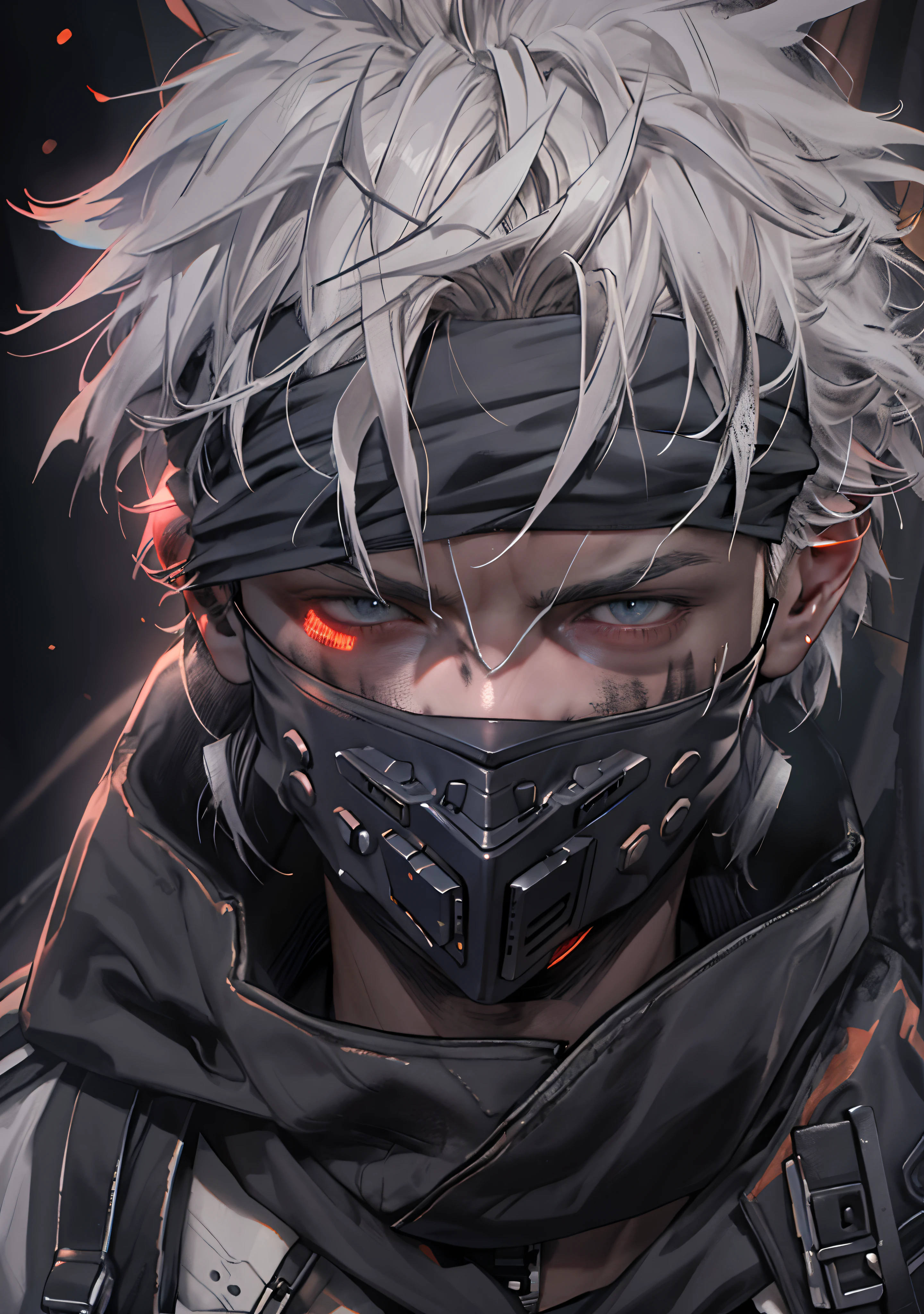 Anime humanoid monster, character design,wearing a futuristic mouth mask, serious face,boy,maniac,deranged look,messy unkept hair,hair covering right eye, vibrant eye color,red and blue eyes,(white hair), close up shot, creating a crack in reality, powerful aura, destroyed city, very dark,night,8k,64k, HD, unparalleled masterpiece, dynamic lighting, cinematic, epic Highest quality digital art, Stunning art, wallpaper 4k