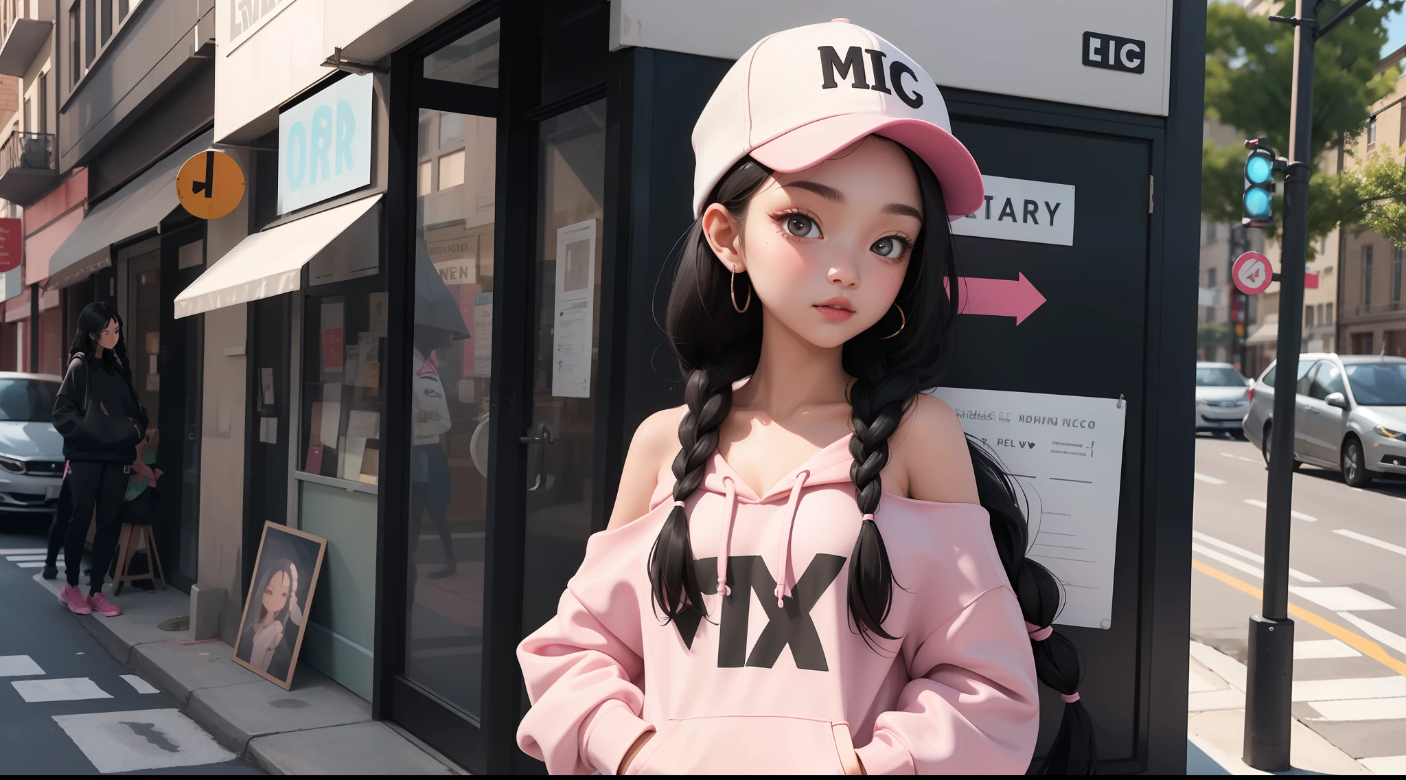 masterpiece,(1girl,solo),long braids black hair,light pink hoodie,off shoulder:1.2, white mob cap, street,hand on hip, hand in pocket,