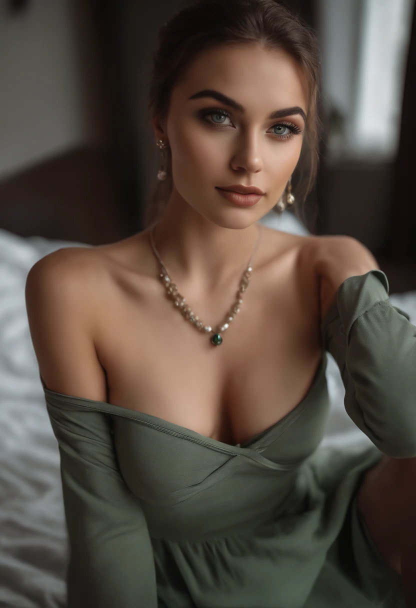 arafed woman with a white bra and a necklace, sexy girl with green eyes, portrait sophie mudd, brown hair and large eyes, selfie of a young woman, bedroom eyes, violet myers, without makeup, natural makeup, looking directly at the camera, face with artgram, subtle makeup, stunning full body shot, piercing green eyes, beautiful angle, attractive pose, cute girl, sexy pose, full body picture, full body, full body shoot,  wearing grey skirt and boots