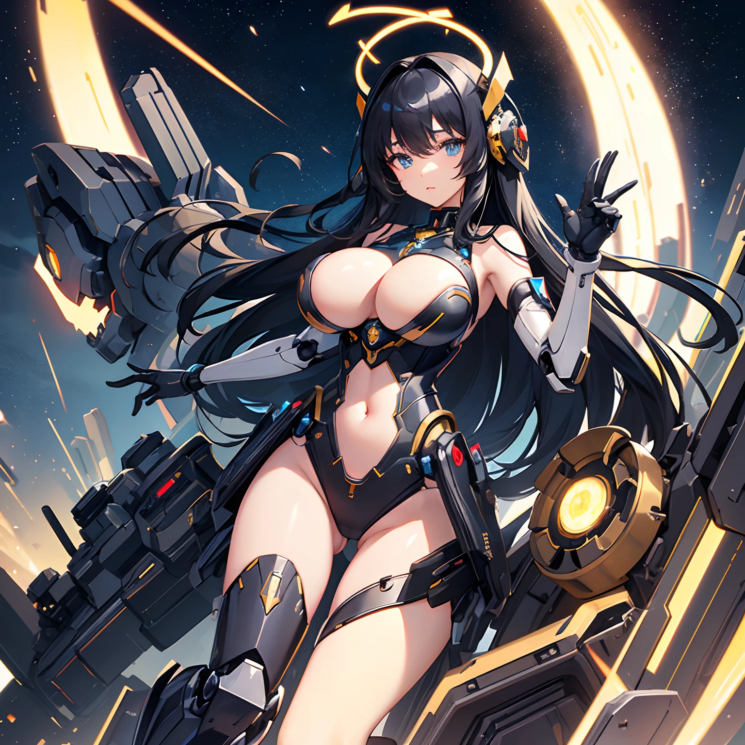 solo, alone, mecha musume, mechanical parts, robot joints, single mechanical arm, headgear, mechanical halo, star halo, intricate mechanical bodysuit, mecha corset, full body, hair between eyes, glowing eye, eye trail, pond, starry sky, skyline ((gigantic boobs)) ((bare belly)) ((mecha lingerie)) ((black hair))