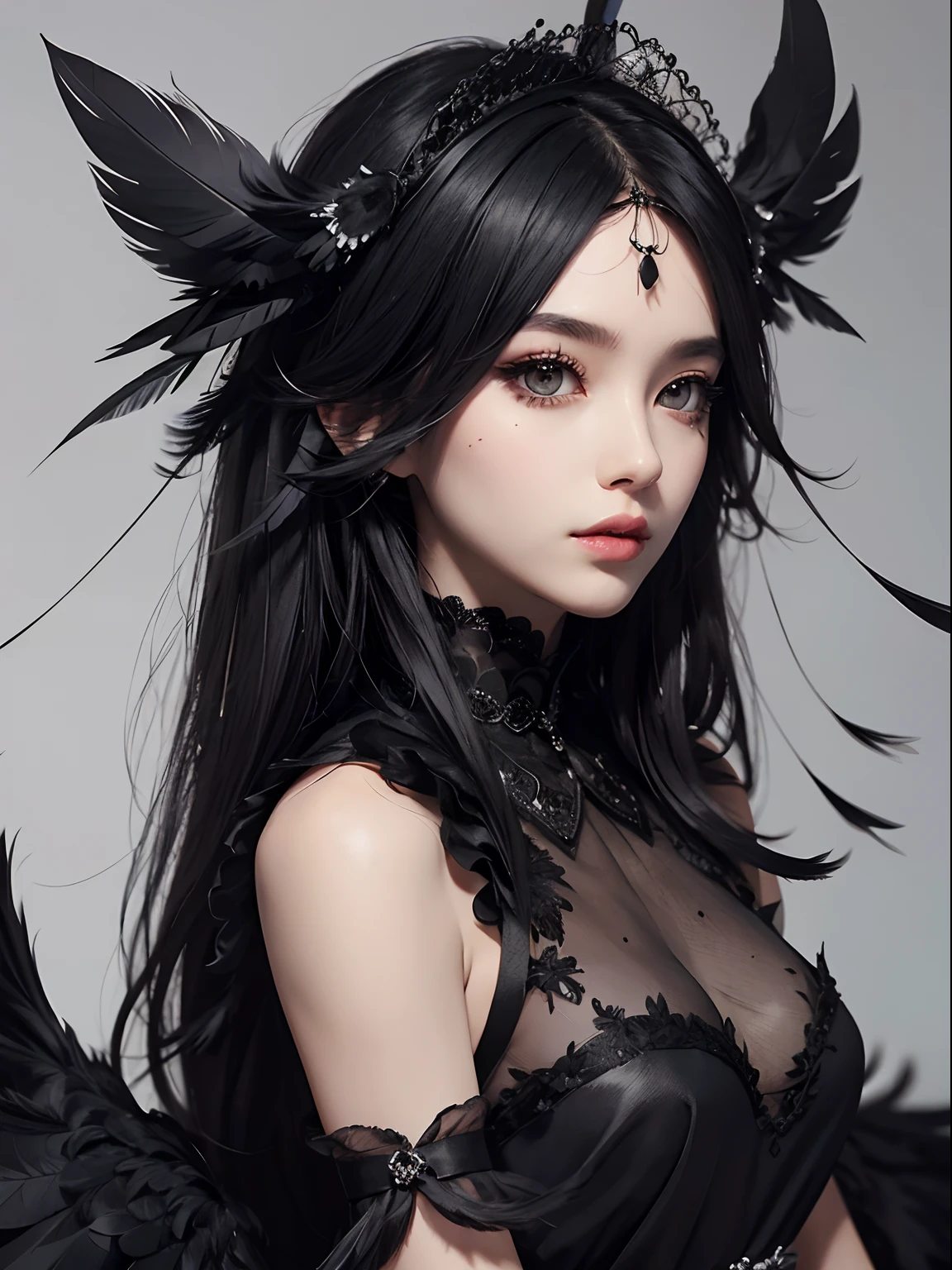 Attached to a black see-through dress with black feathers、Covered、a large number of black feathers on the head,、Show shoulders、Black eyeliner、Black Eyeshadow、A detailed face、