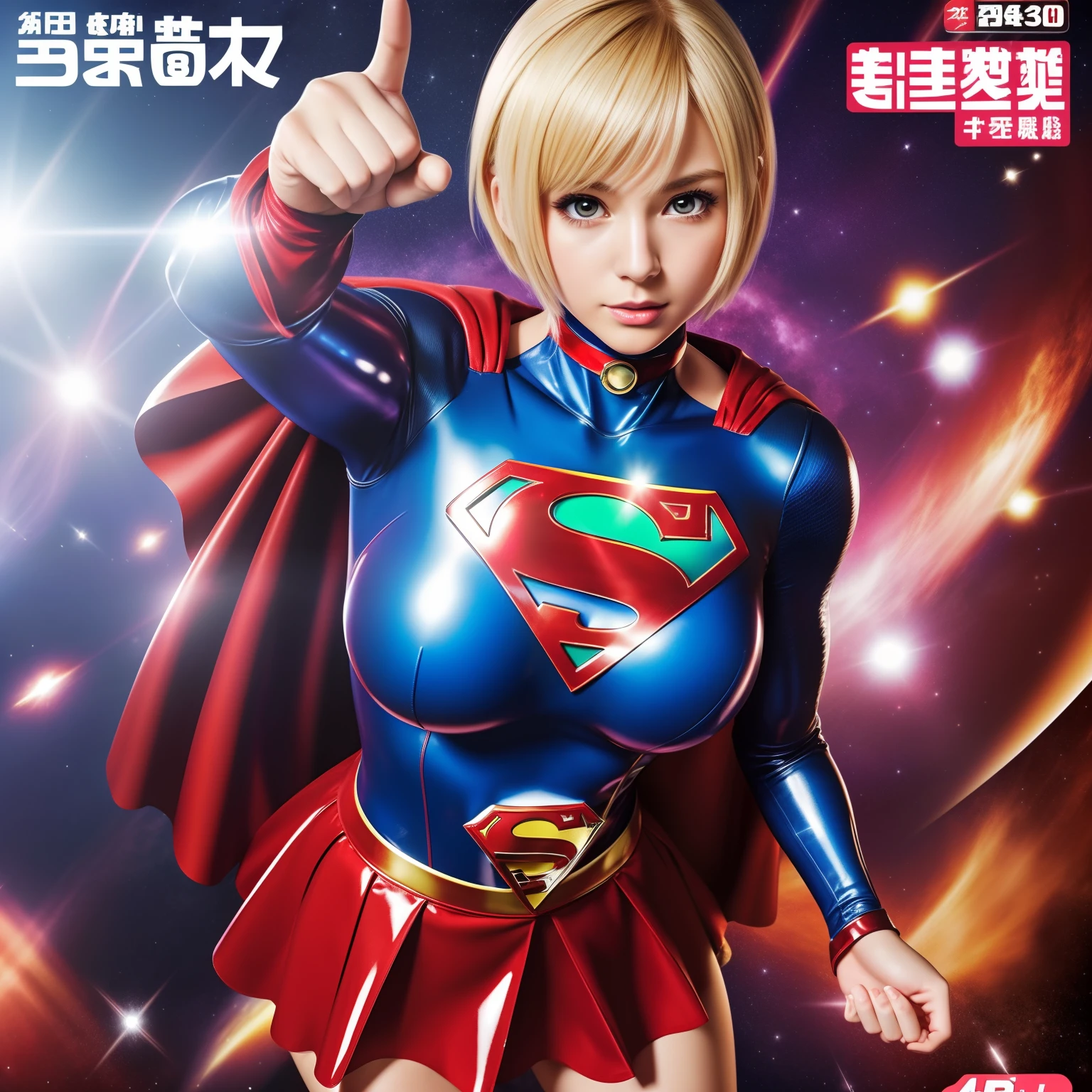 (Best Quality,4K,8K,hight resolution,masutepiece:1.2),Ultra-detailed,Realistic:1.37,Super masterpiece,Short-haired Supergirl、large full breasts、Looking at the camera、Glossy costume、a choker、Too short miniskirt、Magazine covers、Shōnen Magazines