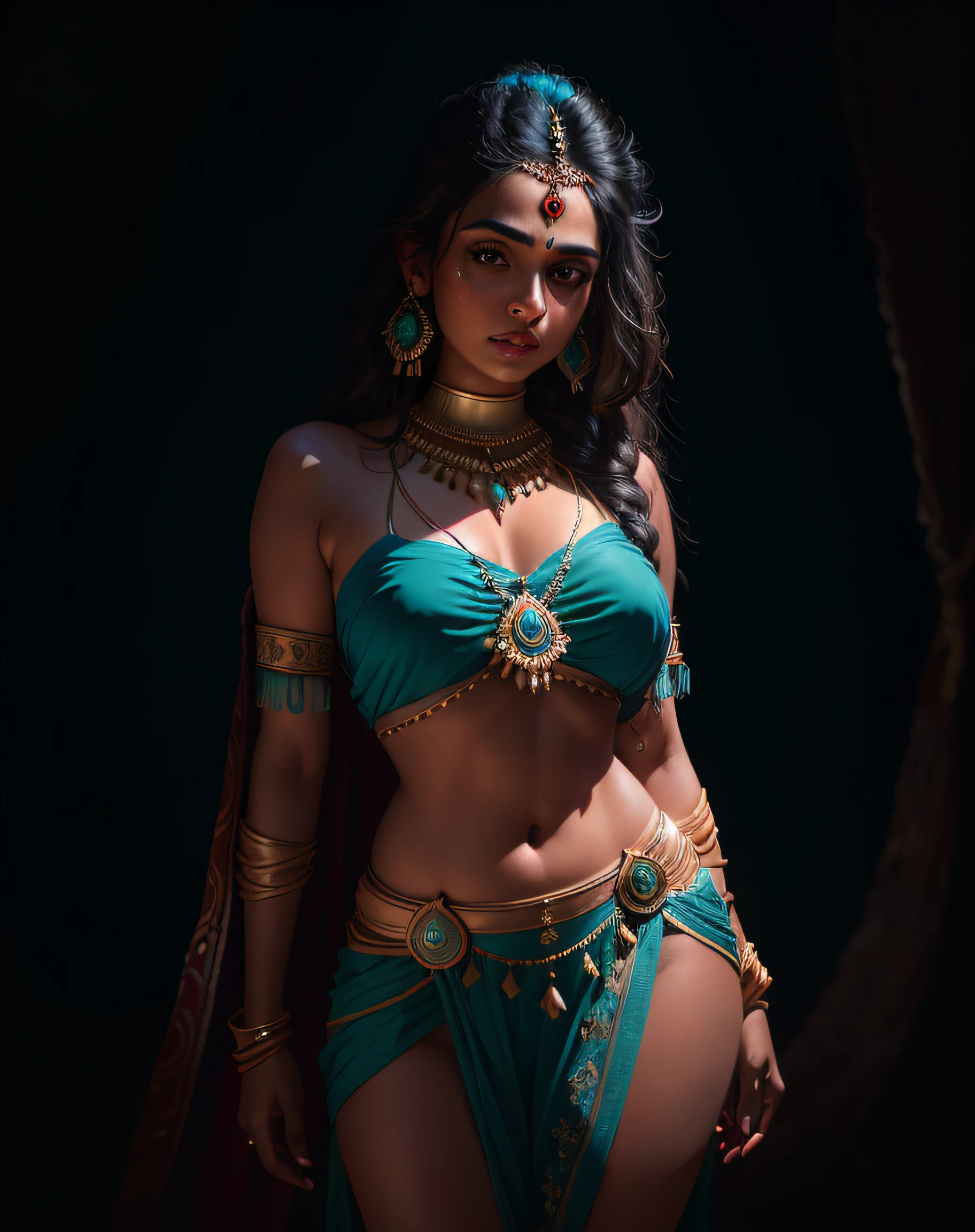 portrait of a award winning photo of indian princess posing in a dark studio, (rim lighting,:1.4) two tone lighting, sharp focus, teal hue, octane, unreal, dimly lit, low key,