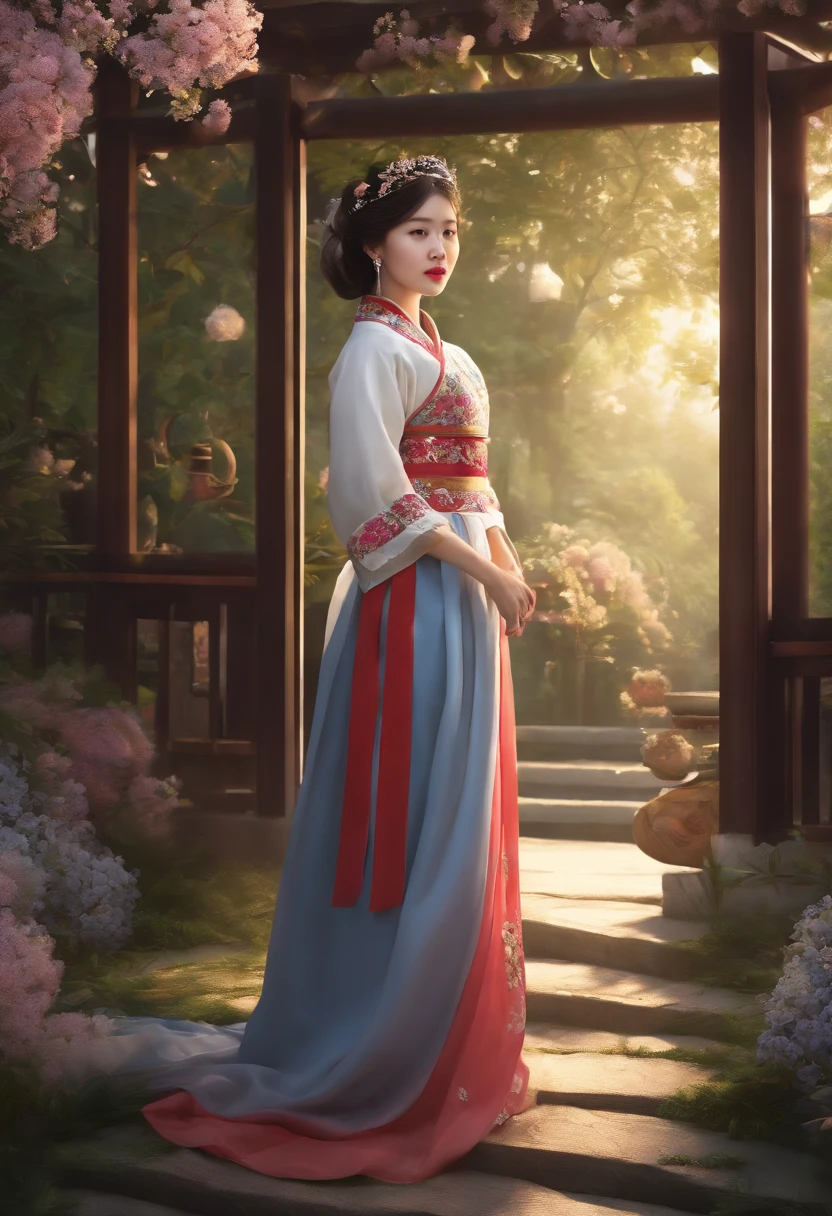 Best quality, haut_resolution, distinct_Image, detailed background ,fille, Hanbok,fleur,jardin,lune, Nuit,dutch angle, Plan large, couronne,