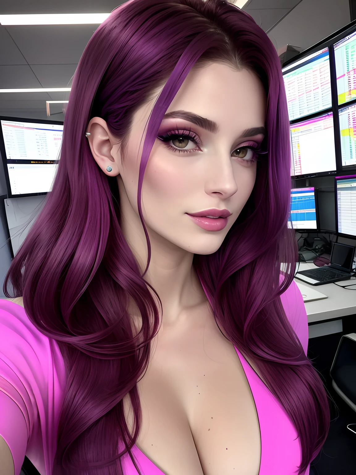 bella donna con capelli biondi, bellissimi occhi viola, 20 anni, corpo sensuale, seduta in un ufficio futuristico, colori al neon, trading, con sfondi di immagini di trading.