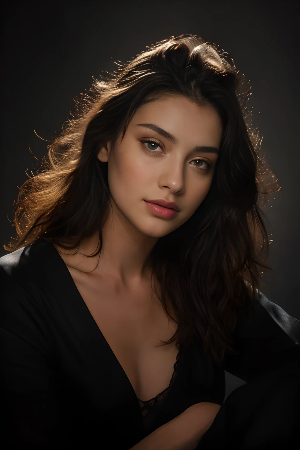 studio shot of an act model, 25 years_old, Rembrandt light, painted background, low angle shot