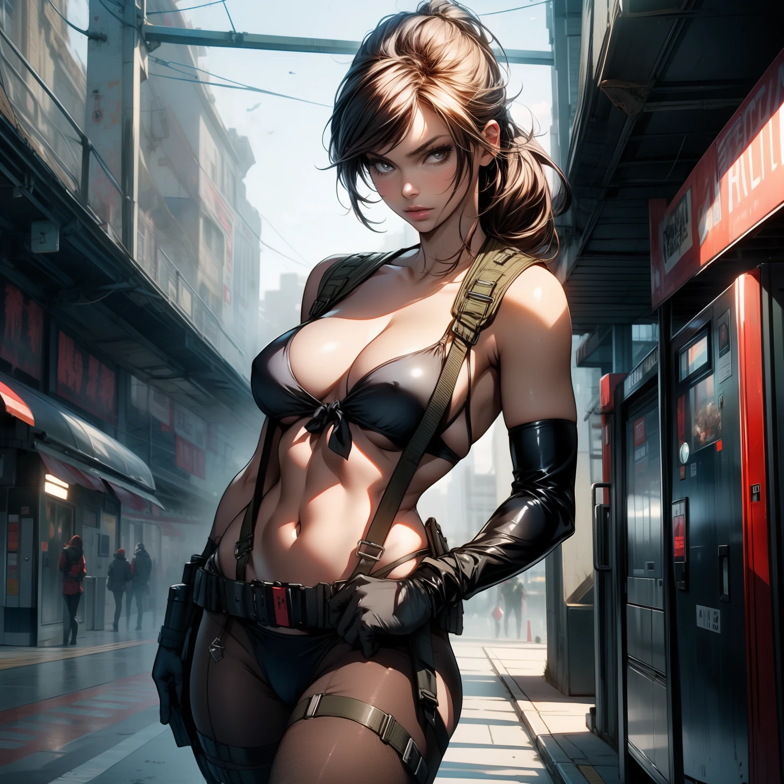 (masterpiece, best quality:1.2), quiet (metal gear), 1girl, pantyhose, torn pantyhose, solo, torn clothes, suspenders, front-tie top, front-tie bikini top, bikini, brown hair, swimsuit, breasts, ponytail, gloves, holster, asymmetrical gloves, cleavage, thigh holster, mismatched gloves, large breasts, single elbow glove, navel, elbow gloves, long hair, lips, highleg, highleg bikini, black bikini, vending machine, outdoors, wide shot, train station, building, sky, breath, day, scenery, detailed face, perfect face, detailed eyes