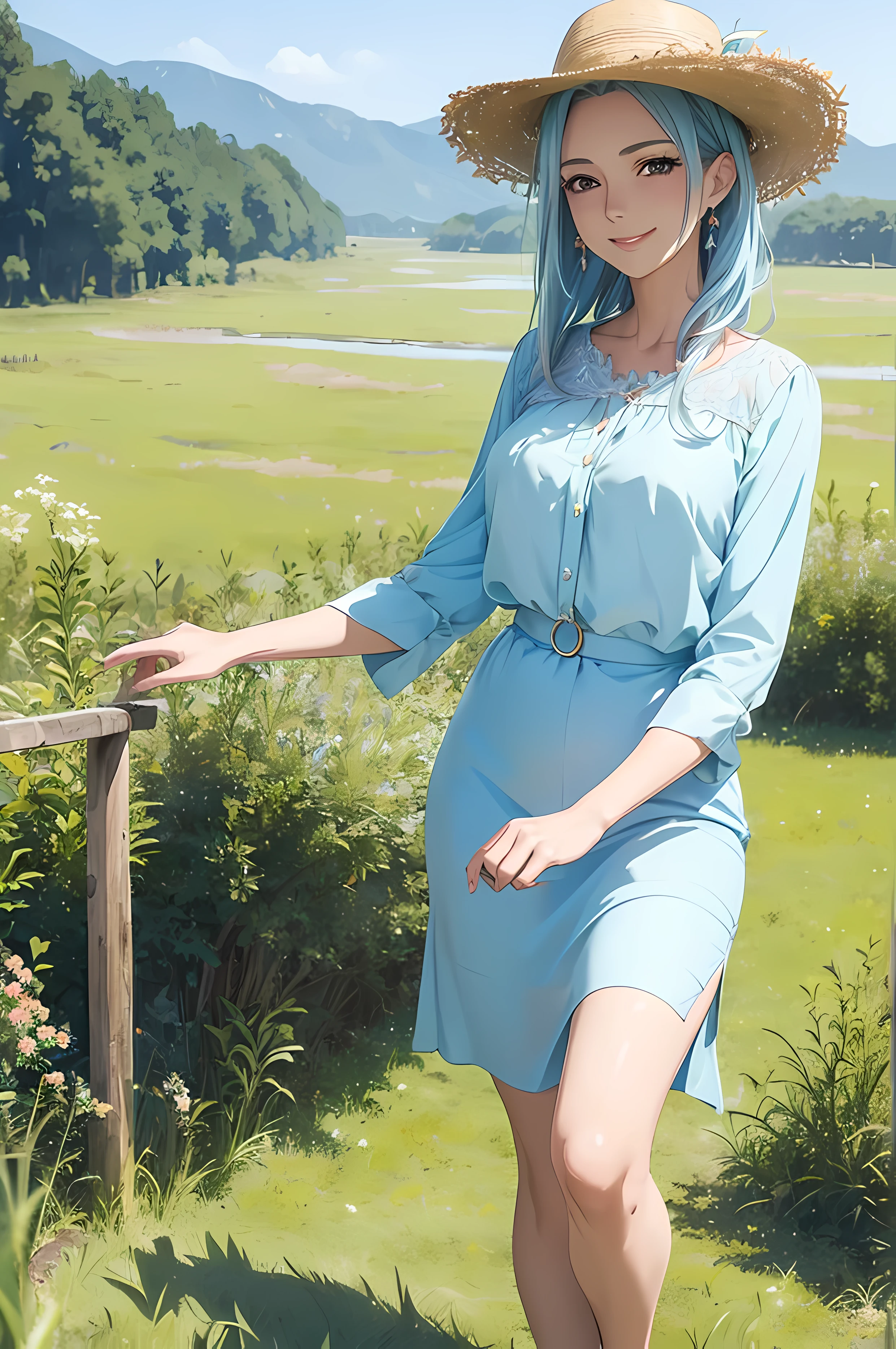 A beautiful woman, soft blue color hair, (( grassland background)), (( beautiful blouse ,perfect body figure, beautiful face, age 46, royal, smile)), breeze, strawhat, river