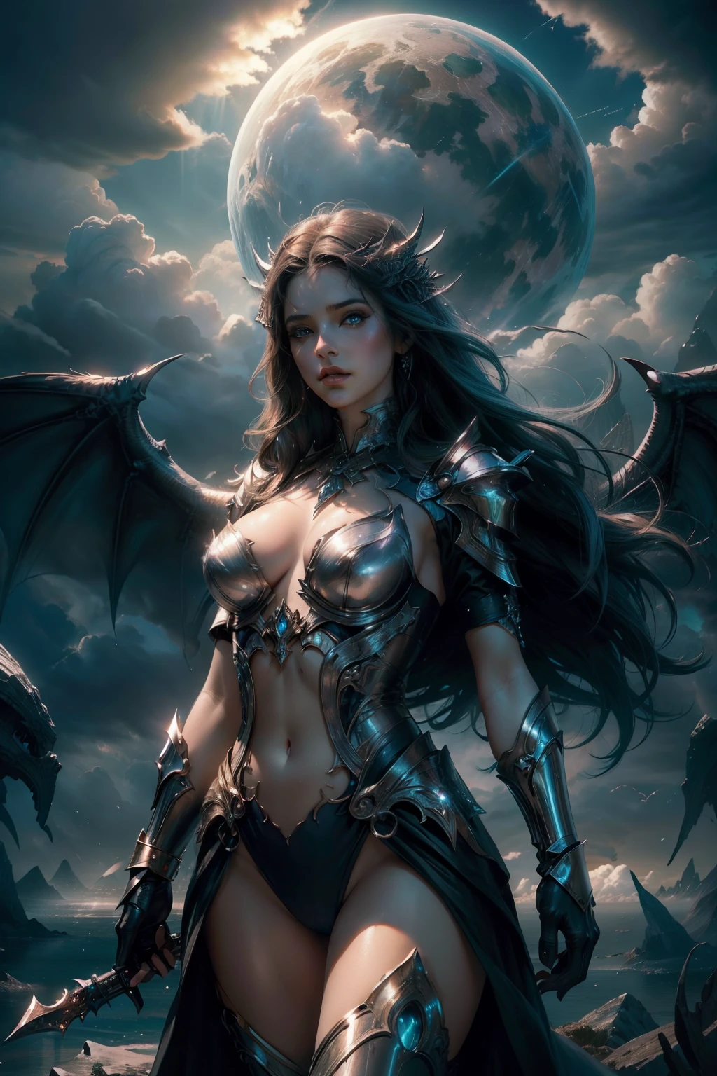 (ultra realistic, best quality, master part, rosto perfeito) , alluring succubus, ethereal beauty, empoleirado em uma nuvem, (Fantasy Illustration:1.3), olhar encantador, pose cativante, asas delicadas, Charme do Outro Mundo, mystical sky, noite de luar, cores suaves, (Cloudscape detalhado:1.3), (high-resolution:1.2)