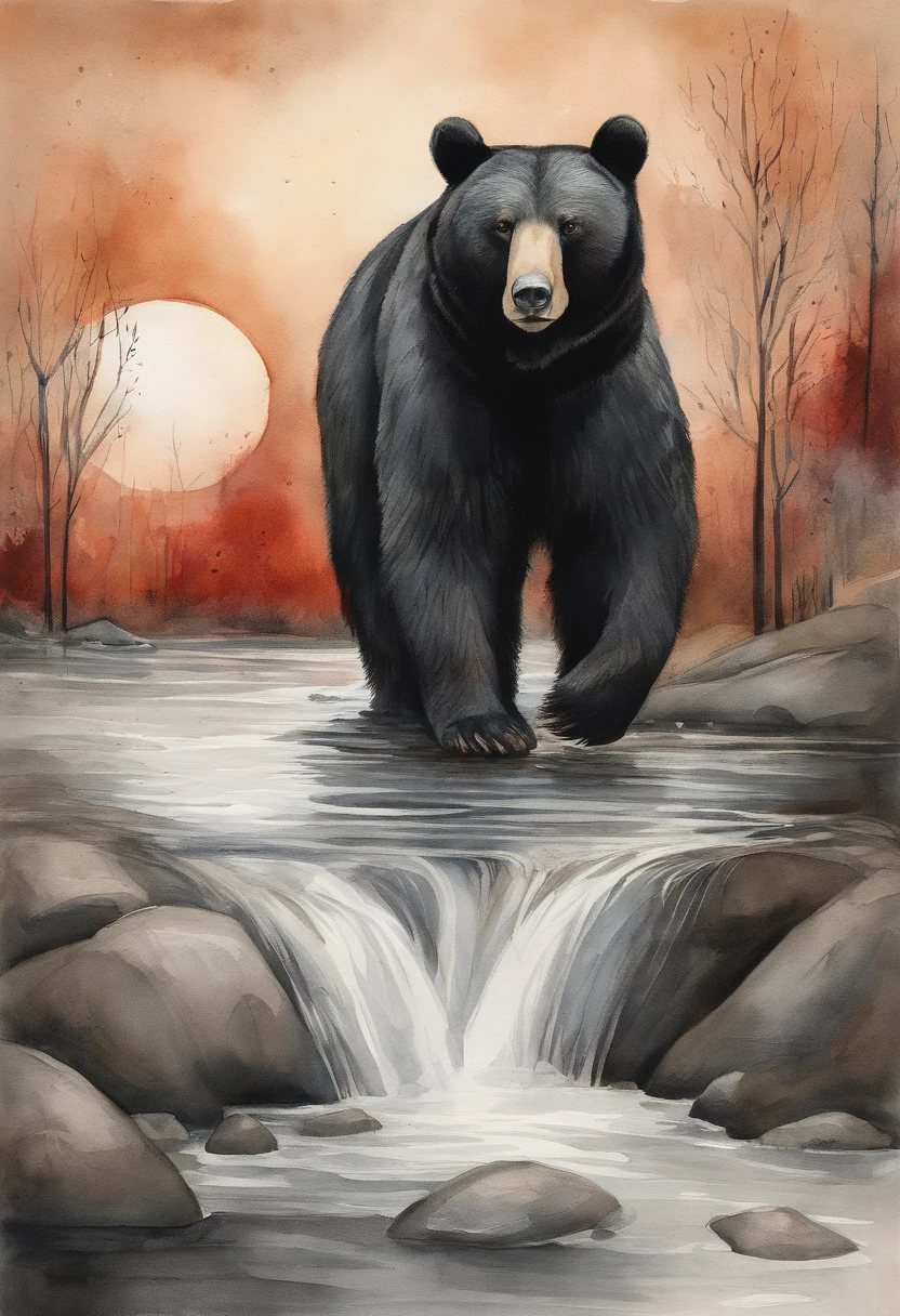 Una imagen de un oso negro de un juego de CG, In the style of mid-century illustration, Symbolic figurative landscapes, rojo claro y plateado, Vintage poster design, Organic Art Nouveau, Piscinas de pigmentos saturados, xylography