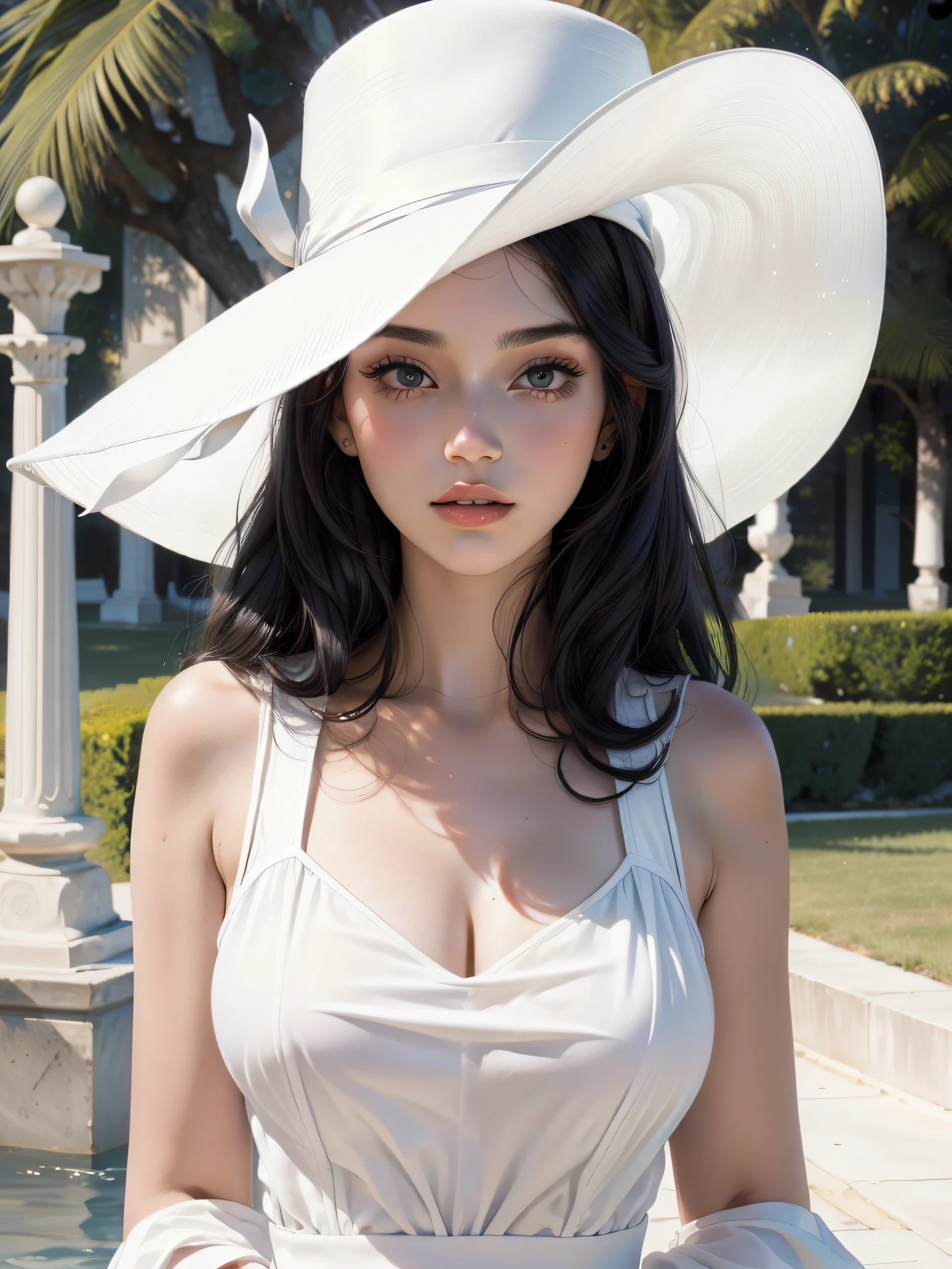 (best quality, masterpiece, perfect face) black hair, 18 years old pale girl, big bust, white sundress, H-cup, cleavage, big white hat
