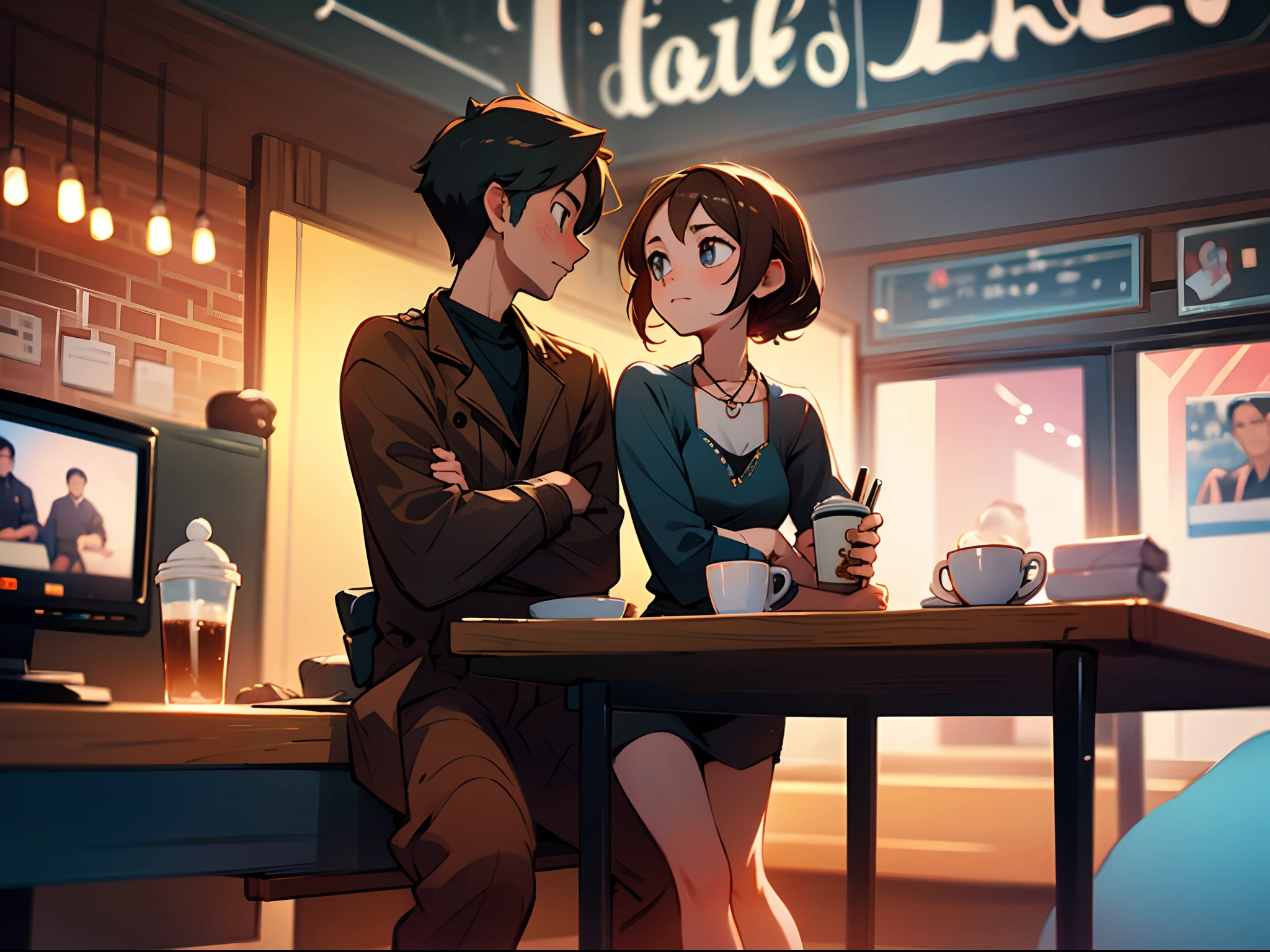 sitting on a table at a coffee shop, cute couple, two people, movie shot, cinematic, focus on background