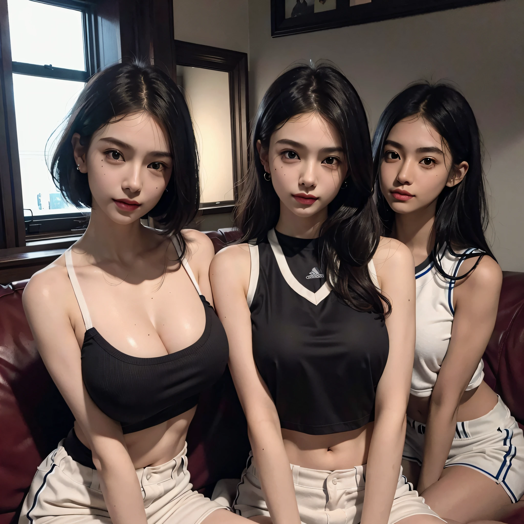absurdres, RAW photo, extremely delicate and beautiful, masterpiece, Best Quality, ultra high resolution, 16k, hyperrealistic, ultra-detailed, Very detailed CG 8k wallpaper, Beautiful Lighting, Perfect Lightning, Realistic Shadows, perfect anatomy, super Detailed skin, perfect figure, late 20s, very Slim body, narrow waist, very small head, very detailed eyes and face, realistic face proportions, Stunning detailed eyes, Realistic beautiful face, very small face, Realistic small beautiful eyes, double eyelids, tearful mole, mole on chest, earring, beautiful and very thin legs, beautiful and very thin thighs, (very huge round breasts:1.3), (short hair), (wavy hair), (sweat), (full body shot:1.3), (3 girls:1.5), (baseball uniform:1.3), (midriff peek), (sleeveless),