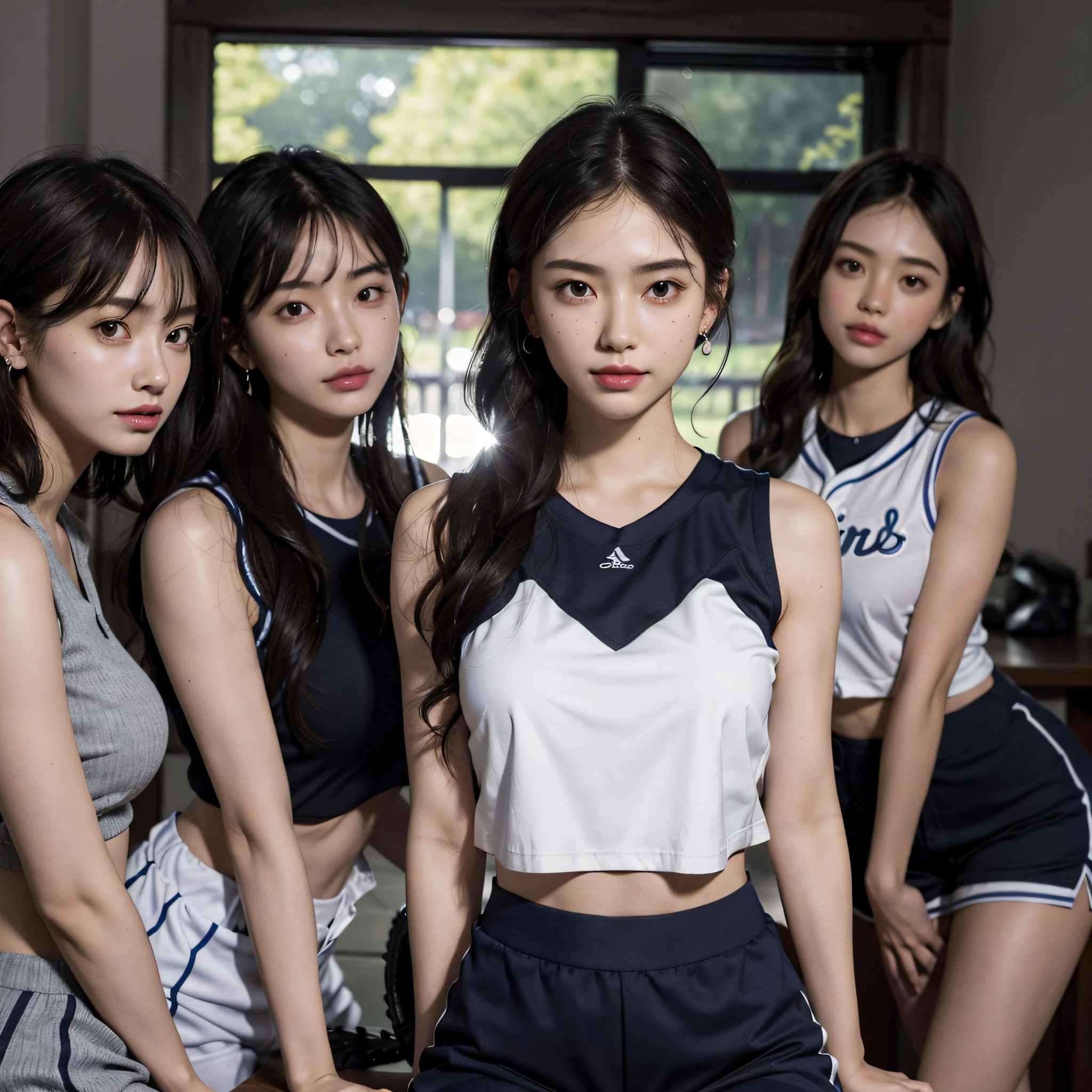 disorganized, RAW photo, very delicate and beautiful, masterpiece, highest quality, ultra high resolution, 16k, surreal, super detailed, perfect anatomy, super dense skin, perfect figure, Highly detailed CG 8k wallpaper, 20's, very slim body, tight waist, very small head, very small face, double eyelid, delicate features, compensate, tearful mole, mole on chest, earrings, thin legs, ((very huge round breasts)), (((((3 girls))))), short middle hair, wavy hair, Sweat, (((tracksuit))), ((No sleeve)), shorts,