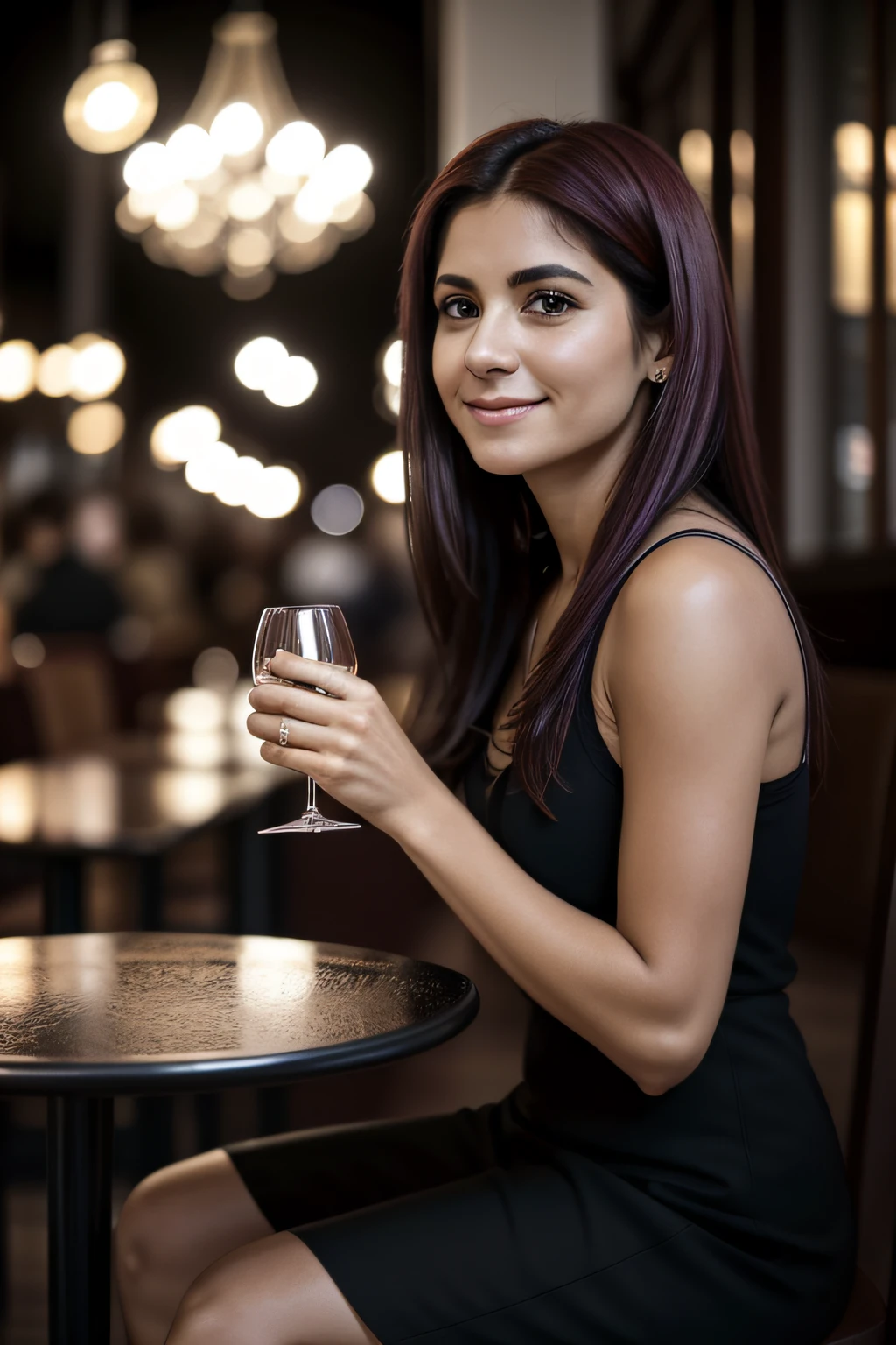 a woman at a table with a glass of red wine, garota misteriosa da cafeteria, sitting in a café, sitting in a café alone, visual real de uma senhora bonita, sitting alone in a cafe, Kawacy,  4k