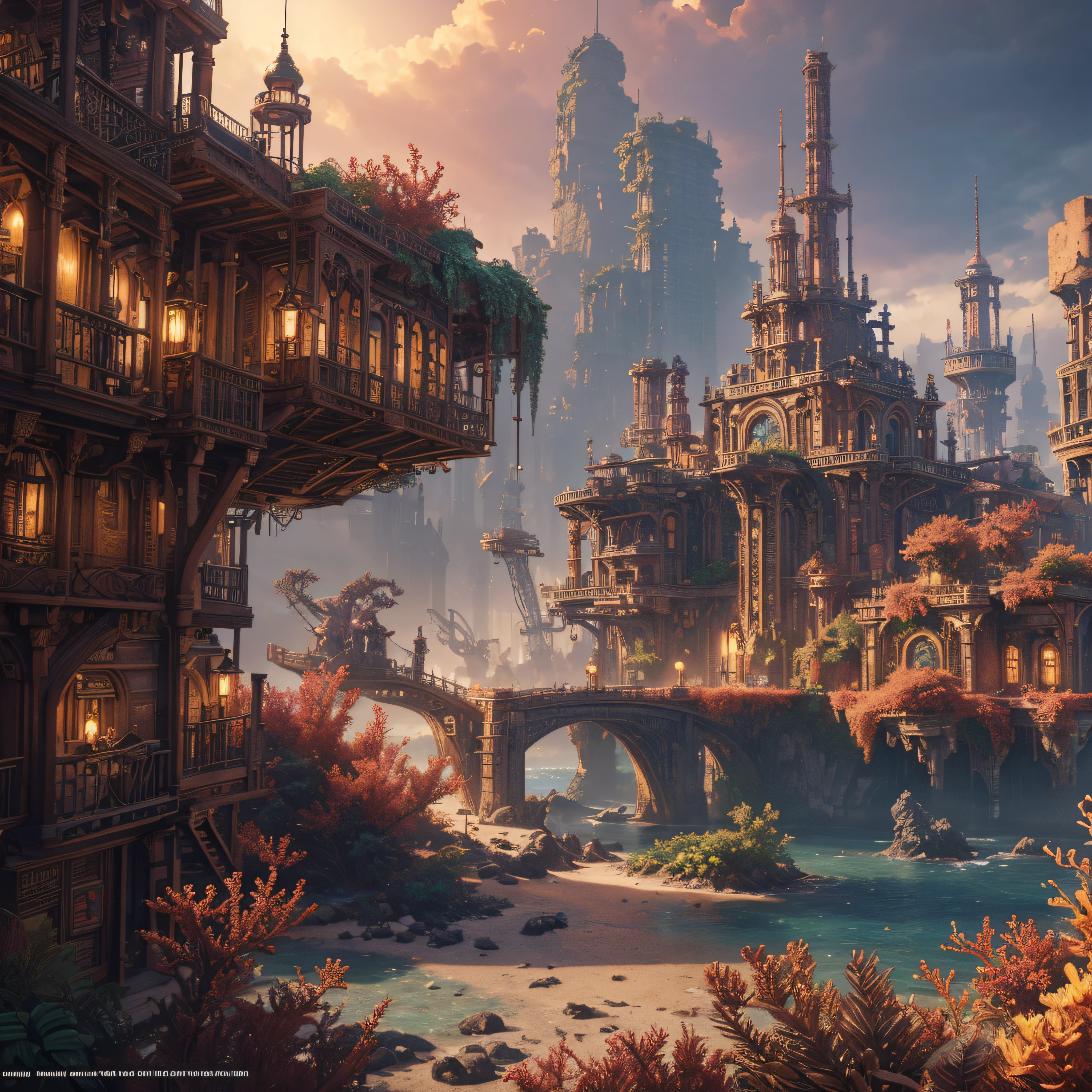 ((best quality)), ((masterpiece)), ((realistic,digital art)), (hyper detailed),DonMM4ch1n3W0rld Steampunk City Vibrant Coral Ecosystem, octane rendering, raytracing, volumetric lighting, Backlit,Rim Lighting, 8K, HDR,