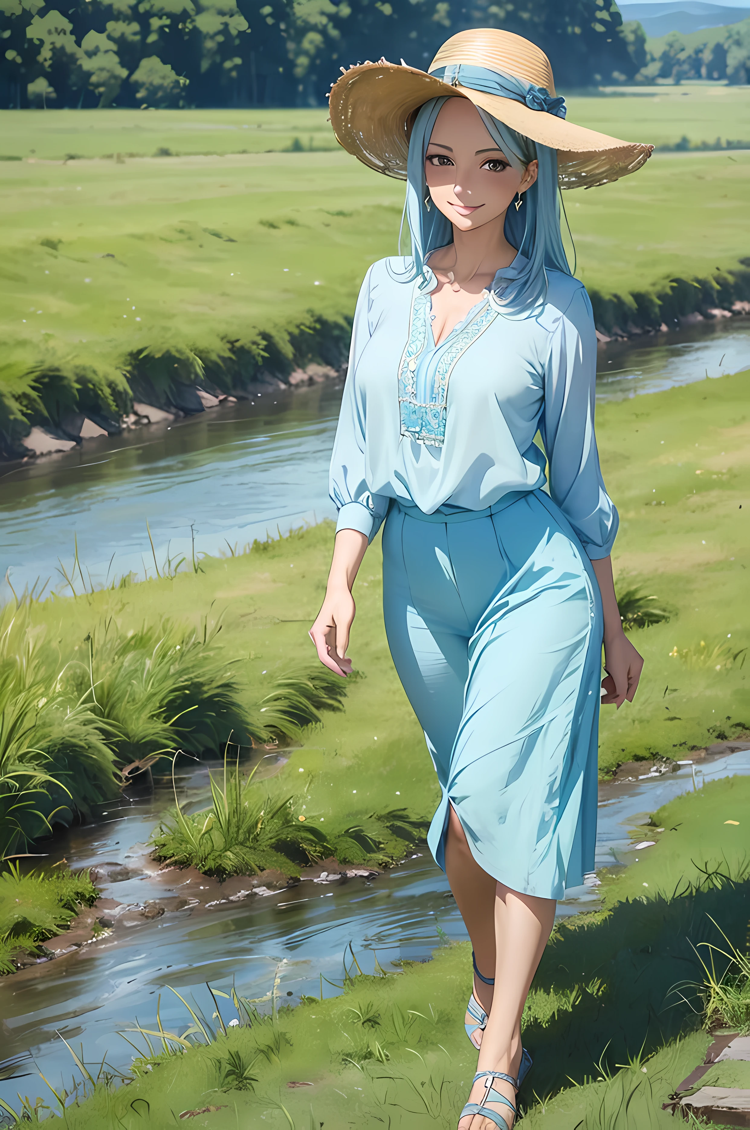 A beautiful woman, soft blue color hair, (( grassland background)), (( beautiful blouse ,perfect body figure, beautiful face, age 46, royal, smile)), breeze, strawhat, standing by a river