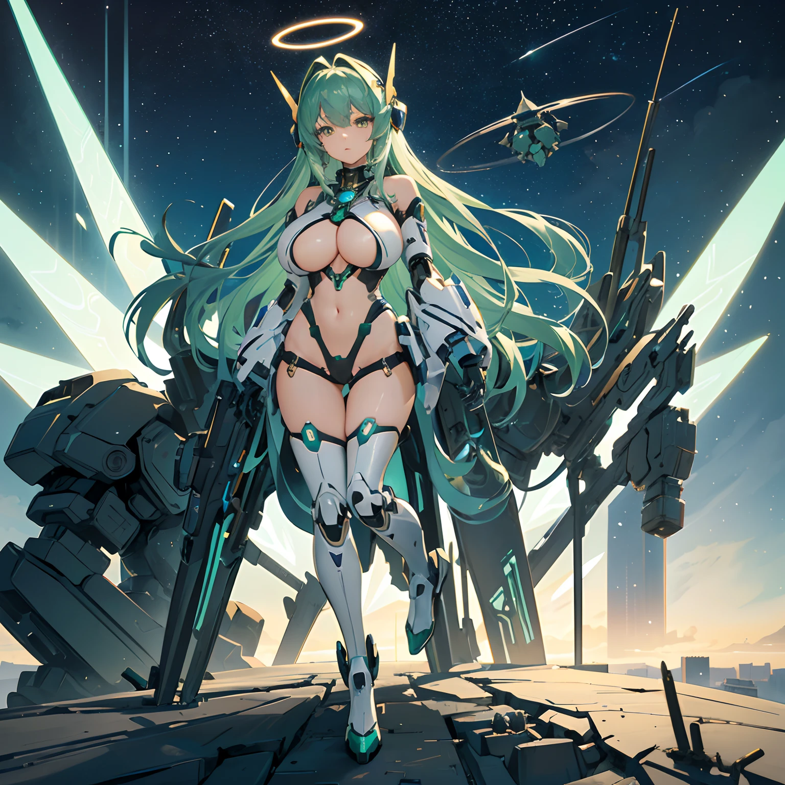 solo, alone, mecha musume, mechanical parts, robot joints, single mechanical arm, headgear, mechanical halo, star halo, intricate mechanical bodysuit, mecha corset, full body, hair between eyes, glowing eye, eye trail, pond, starry sky, skyline ((gigantic boobs)) ((bare belly)) ((mecha lingerie)) ((green jade hair))