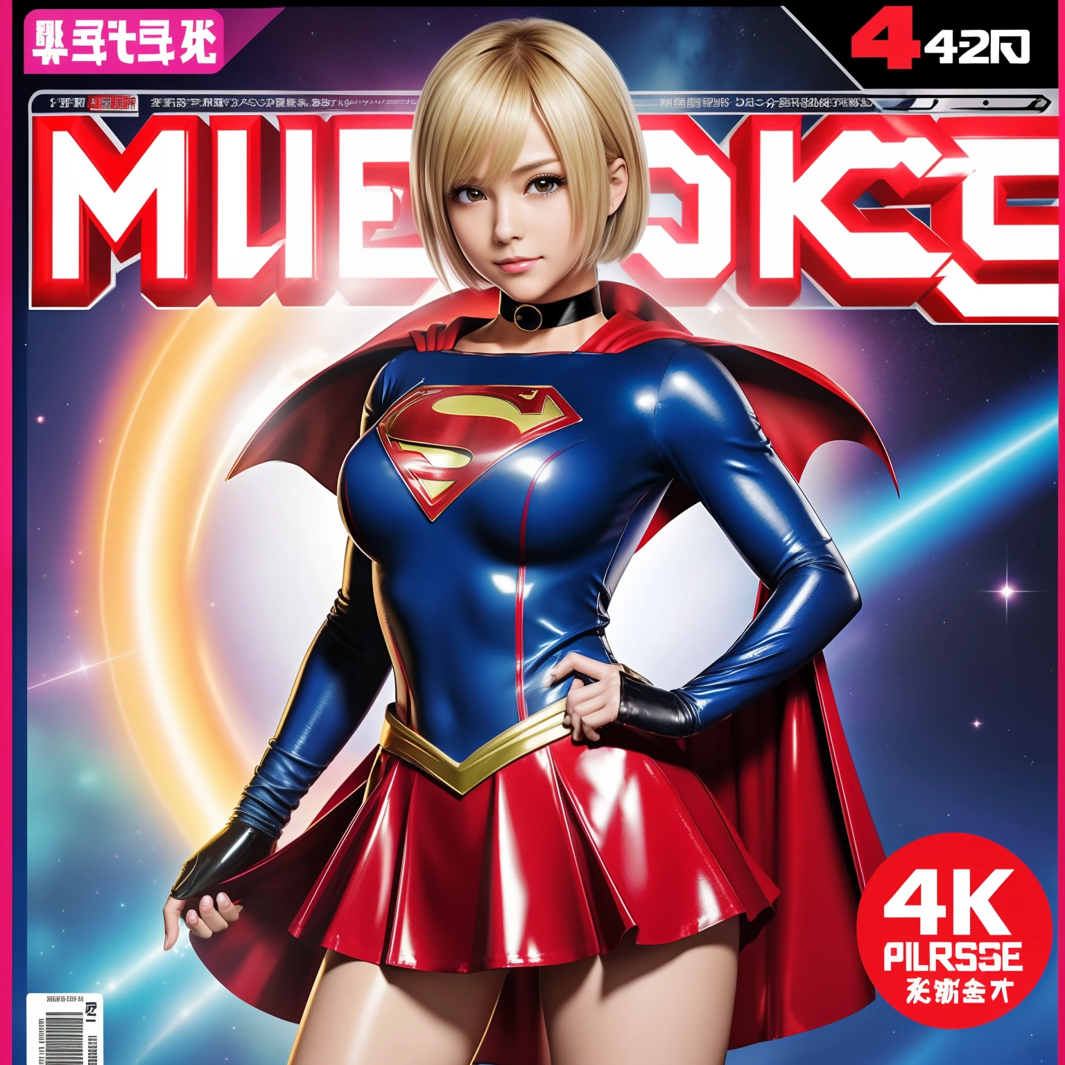 (Best Quality,4K,8K,hight resolution,masutepiece:1.2),Ultra-detailed,Realistic:1.37,Super masterpiece,Short-haired Supergirl、large full breasts、Looking at the camera、Glossy costume、a choker、Too short miniskirt、Shiny bright red enamel boots、Magazine covers、Shonen Magazine、Point to the camera