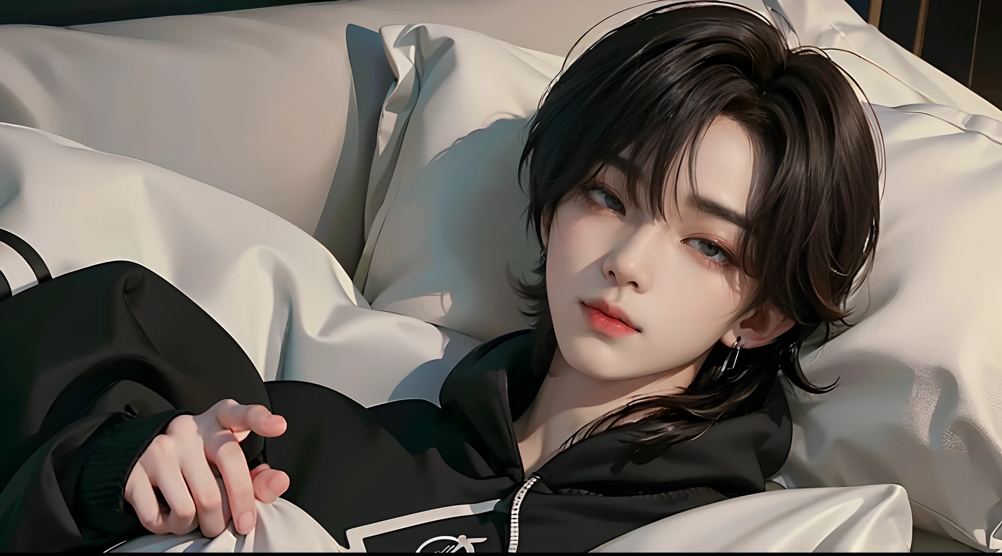 ((4K works))、​masterpiece、（top-quality)、((high-level image quality))、((One Manly Boy))、Slim body、((Stylish black hoodie))、(Detailed beautiful eyes)、Stylish bedroom、Selfie with head on pillow、Face similar to Chaewon in Ruseraphim、((short hair above the ears))、((Smaller face))、((Neutral face))、((Light brown eyes))、((Korean boy))、((18year old))、((Handsome man))、((Wild look))、((Korean Makeup))、((elongated and sharp eyes))、((Happy dating))、((Lying on the futon with your head on the pillow))、((Shooting from the side))、((He gives the viewer an arm pillow))、((Only the upper part of the body is visible))、((He sleeps next to the viewer))、(((selfee)))、((Face Close-up))、((Focus Zoom))、((Focus zoom on face))