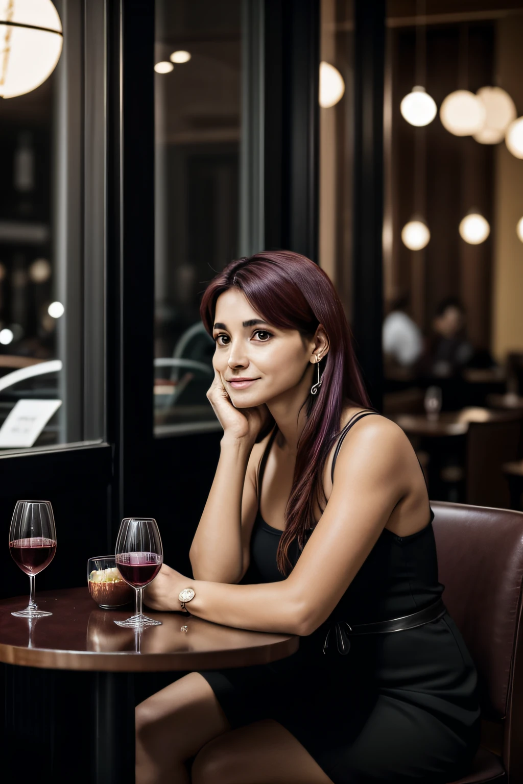 a woman at a table with a glass of red wine, garota misteriosa da cafeteria, sitting in a café, sitting in a café alone, visual real de uma senhora bonita, sitting alone in a cafe, Kawacy, 4k