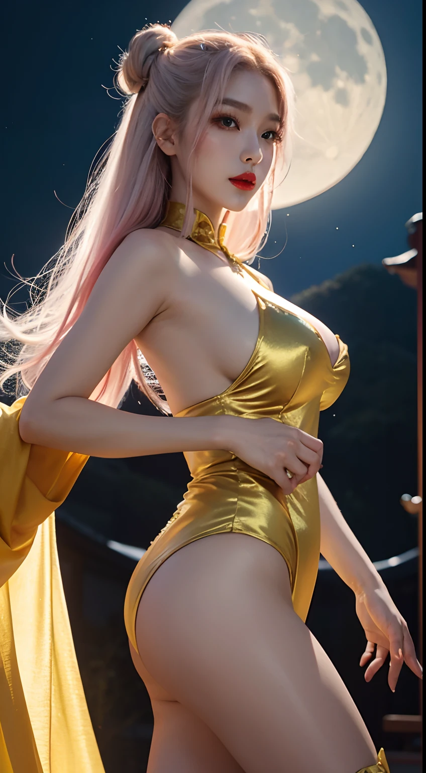 Detailed faces, Clear face, Beautiful Girl, Korean makeup, Red lips, Platinum hair, medium body, big breasts, thigh, Chinese fairy costume, Antique, sexy outfits,Yellow costume, Mid-Autumn Festival decoration, moon background mode.