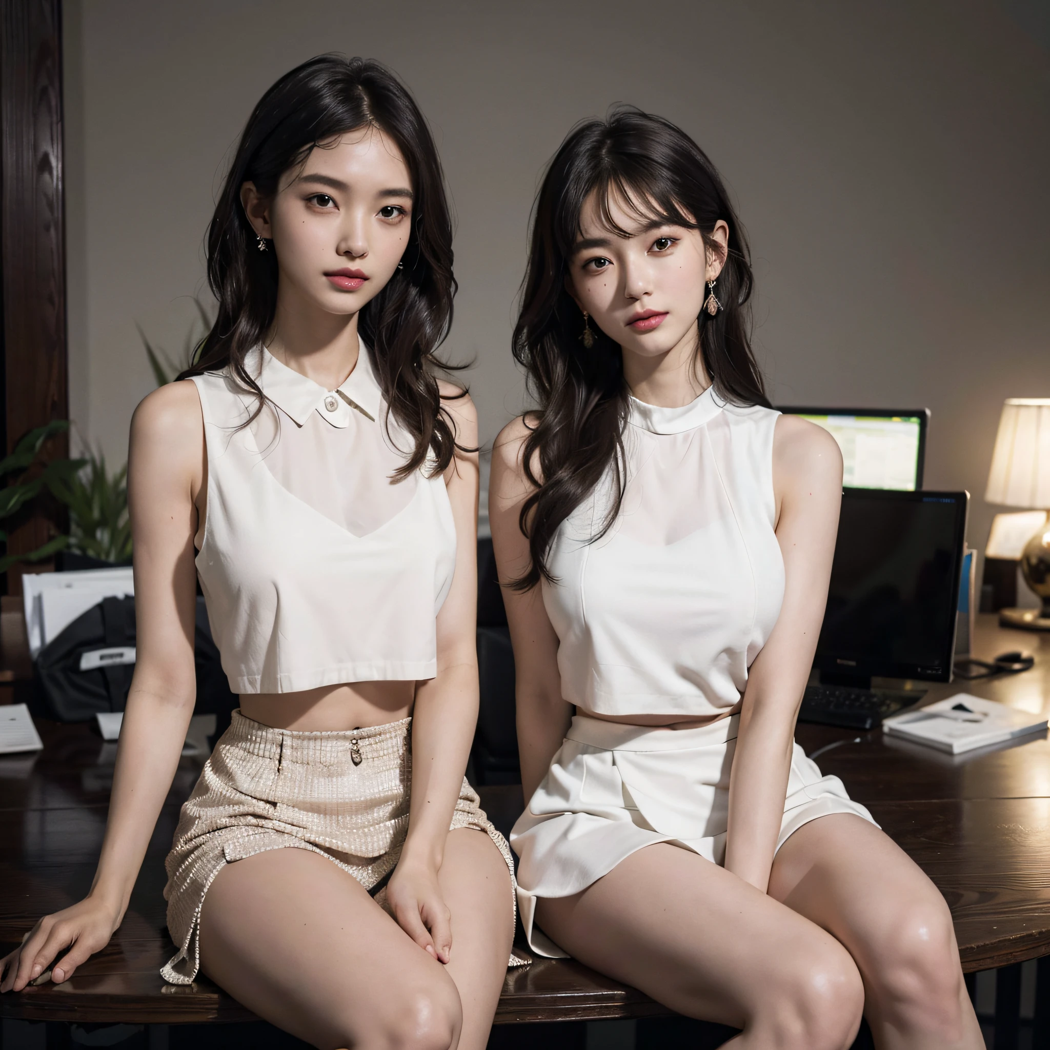 A striking photograph of two young and stylish Latina women, possible Mexican women, showcasing a captivating aesthetic. The first woman is wearing a silver top, a short skirt, and white sneakers, accessorized with a cute pink headband. Her dark hair is slightly tousled, and her radiant beauty is evident. The second woman, equally stunning, has long, flowing dark hair. Both women are set against the backdrop of a vibrant, pastel-colored room, with floor-to-ceiling windows and two large iPhones on display, showcasing their Instagram profiles. The atmosphere of this image is energetic, fun, and slightly edgy, inviting viewers to delve into a world of youthful, creative self-expression., photo, ( pay special attention to their faces, they are beautiful and perfect