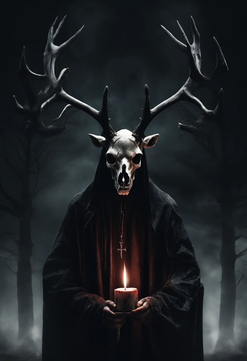 (a person wearing a black hooded robe and a satanic deer skull,a wax candle),(best quality,highres,gloomy,horror,satanic,dark color scheme),dimly lit background,gloomy atmosphere,flickering candle light,creepy vibes,detailed robe texture,dark and mysterious,haunting shadows,spooky aura,sinister expression in the eyes,subtle glow on the candle flame, cinematic camera angle, photo realistic, clear deer skull, highred deer skull, blood on deer skull, wax dripping, chains hanging from background