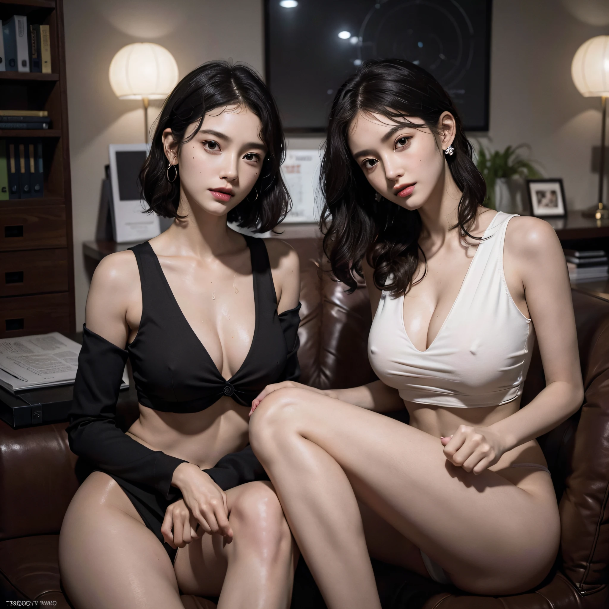 absurdres, RAW photo, extremely delicate and beautiful, masterpiece, Best Quality, ultra high resolution, 16k, hyperrealistic, ultra-detailed, Very detailed CG 8k wallpaper, Beautiful Lighting, Perfect Lightning, Realistic Shadows, perfect anatomy, super Detailed skin, perfect figure, late 20s, very Slim body, narrow waist, very small head, very detailed eyes and face, realistic face proportions, Stunning detailed eyes, Realistic beautiful face, very small face, Realistic small beautiful eyes, double eyelids, tearful mole, mole on chest, earring, beautiful and very thin legs, beautiful and very thin thighs, (very huge round breasts:1.3), (short hair), (wavy hair:1.3), (sweat), (full body shot:1.3), (2 girls:1.5), (office lady suit:1.3), (midriff peek), (sleeveless), (formal suit),