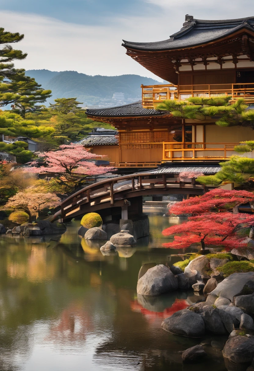 Transport in die historische Stadt Kyoto, Japan, durch ein Bild, that captures the essence of the tradition and beauty of this iconic city. In dieser Szene, Kyoto entpuppt sich als kultureller Schatz, wo Antike und Moderne auf charmante Weise verschmelzen.

In der Mitte des Bildes, Kinkaku-ji Temple rises majestically, auch bekannt als der Goldene Pavillon. In der Morgensonne gebadet, Its walls shine in brilliant gold, Reflection on the surface of the calm lake, der es umgibt. Surrounded by a carefully landscaped garden, The temple looks like a precious jewel in the midst of lush nature.

The cherry trees are in full bloom, decorates the landscape with its soft shades of pink. Einige der Blumen fielen zart an die Ufer des Sees, Schaffen Sie eine malerische und romantische Aussicht.

A stone path winds through the garden, leads visitors to a small red arch bridge, that crosses a stream. The bridge feels like a link between the past and the present, a visual metaphor for cultural heritage and modernity, die in Kyoto nebeneinander existieren.

Am Horizont, The silhouettes of temples and pagoda towers stand out against the clear blue sky. The narrow streets and traditional rooftops of the city add a touch of authenticity to the scene, Dies erinnert uns an die reiche Geschichte Kyotos als ehemalige kaiserliche Hauptstadt.

The sky above is adorned with soft white clouds, form a gentle contrast to the golden textures and vibrant tones of nature.

Dieses Bild versetzt Sie in einen magischen Moment in Kyoto, wo Vergangenheit und Gegenwart harmonisch miteinander verflochten sind, in einer Landschaft, die sowohl visuell beeindruckend als auch kulturell bedeutsam ist