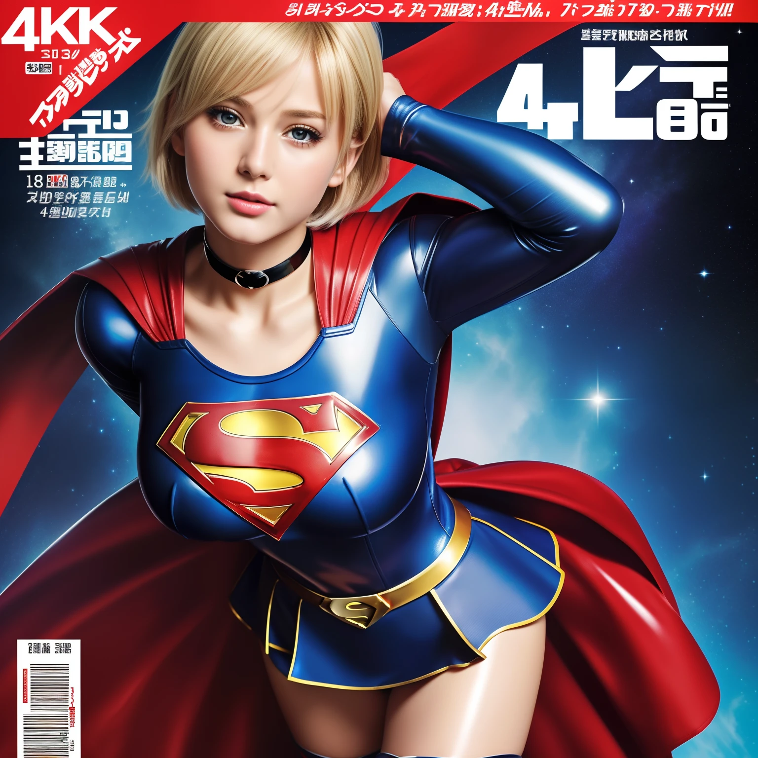 (super high quality, 4K, 8K, high resolution, masterpiece:1.2), ultra detailed, realistic:1.37, super masterpiece,Short-haired Supergirl、large full breasts、Looking at the camera、Glossy costume、a choker、Too short miniskirt、Shiny bright red enamel boots、Magazine covers、Shonen Magazine、Point to the camera