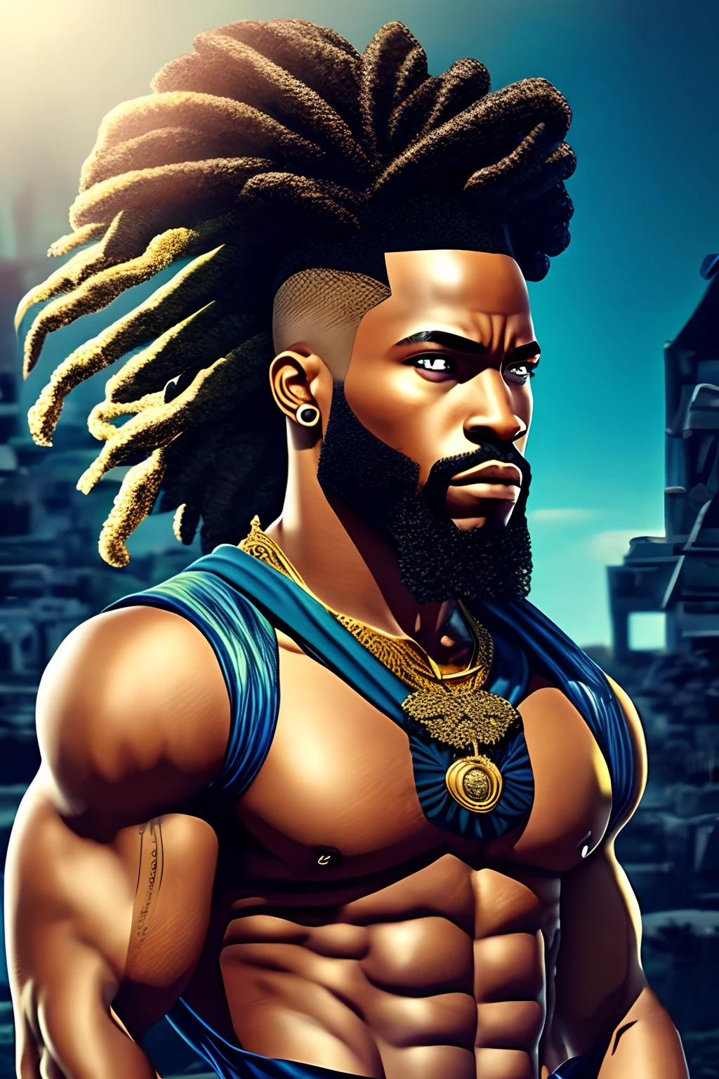 Create an image of a black ninja after an apocalypse in the future, afro cabelo caindo para frente, Rasta type but braided, corpo inteiro, vestindo um traje indiano ribulo africano corpo inteiro, A realistic 4K phoenix with blue feathers, dourado, cosmico , com uma Moreno, de cabelo afro cabelo caindo para frente, Rasta type but braided, Estilo Art Vista de Corpo Inteiro, plano completo, vista frontal, Vista lateral, vista traseira, de personagem, Multiple views and poses, various points of view, um personagem, corpo inteiro, personagem com menos, estilo de roupa, no mesmo Estilo de cabelo, less Type of footwear, strong full-body vision, plano completo, vista frontal, vista traseira, design de personagem, Multiple views and poses, various points of view, de um personagem, corpo inteiro,, personagem com mesmo, estilo de roupa, no mesmo Estilo de cabelo, same type of footwearThe route follows the cores of the Cape Verde flag. The top is deep blue, simbolizando o oceano que cerca as ilhas. The chest and the central part are white, representando a paz e a unidade do povo cabo-verdiano. The sleeves and legs are red, denoting determination and spirit, do 10 Estrelas Douradas, : Ten gold stars are prominently displayed at the top of the costume, ao longo do peito e ombros, representando as 10 principais ilhas de Cabo Verde. Cada estrela, It is carefully detailed and shines brightly against the background Star Belt A wide belt, also golden, is used in Tribal Details, O traje incorpora elementos tribais discretos em seu design, referencing the cultural heritage of Cape Verde