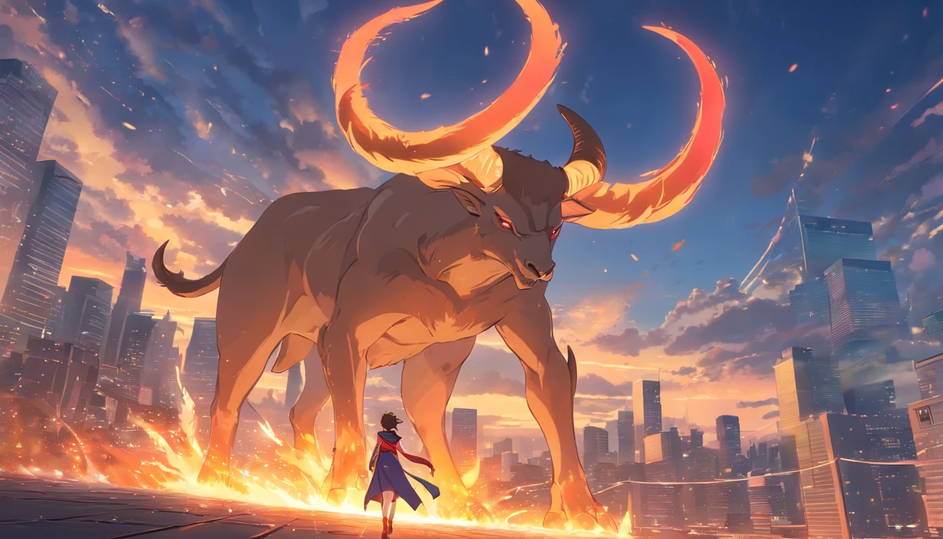 Anime and cinematic scenery of a humanoid demon with majestic horns ascending over a vast kingdom, the entire scenery is bathed in fiery light as the demon stands triumphantly above, dark gothic atmosphere, intense and dramatic, inspired by artists like Yoshitaka Amano and Tetsuya Nomura, detailed character design showcasing intricate demon features and elaborate clothing, dynamic poses, vibrant colors, high-definition, stunning visual effects, hyperrealistic background, breathtaking perspective, dynamic lighting, epic battle scene, trending on ArtStation and CGSociety