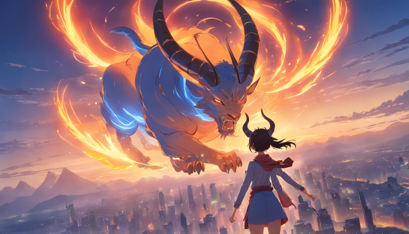 (masterpiece, high quality), Anime and cinematic scenery of a scary humanoid demon with majestic horns ascending over a vast kingdom, the entire scenery is bathed in fiery light as the demon stands triumphantly above, dark gothic atmosphere, intense and dramatic, vibrant colors, high-definition, stunning visual effects, hyperrealistic background, breathtaking perspective, dynamic lighting, trending on ArtStation and CGSociety