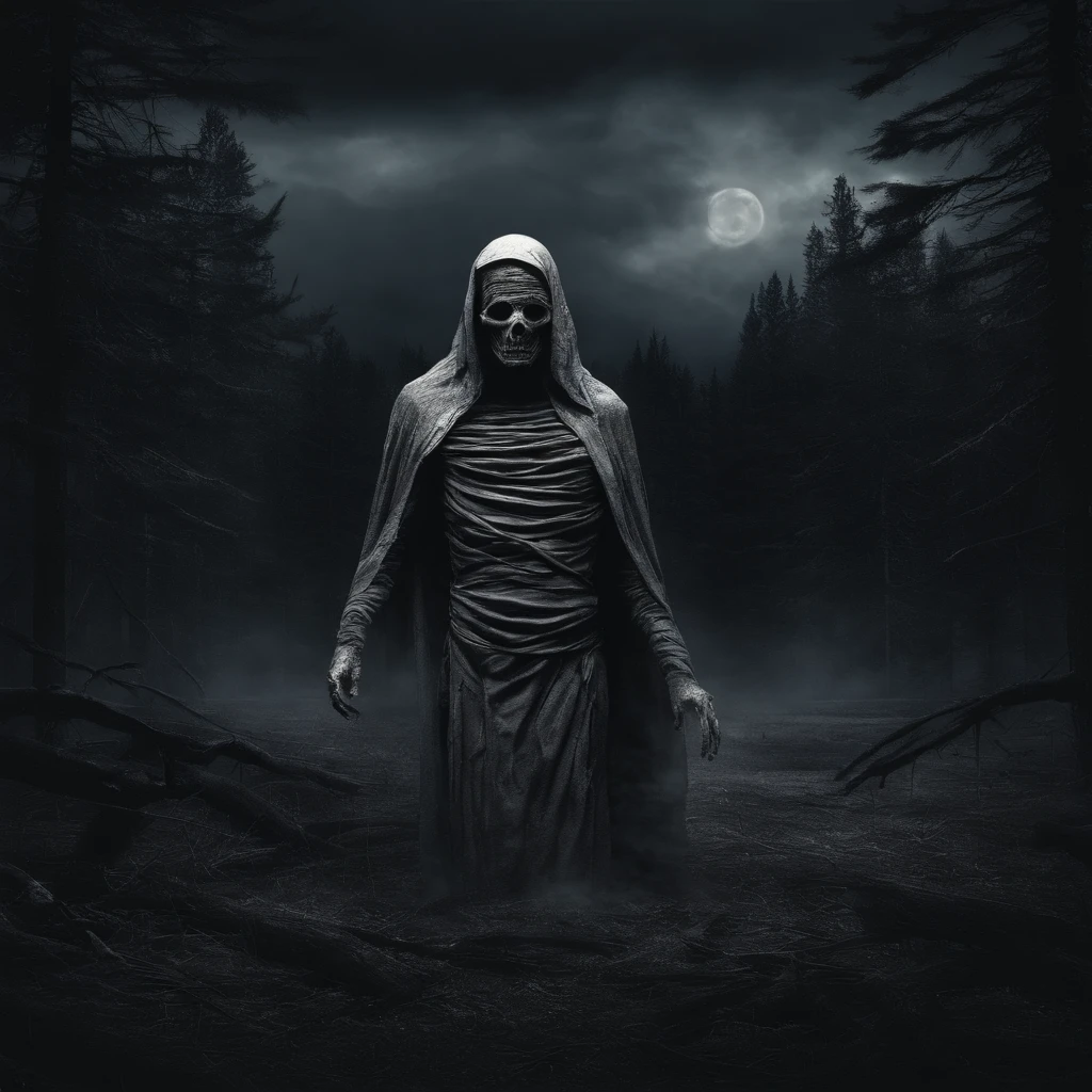 create an image of a mummy hearing a black robe in a thunderstorm of a pine forest at night, creepy, dark vibes, horror