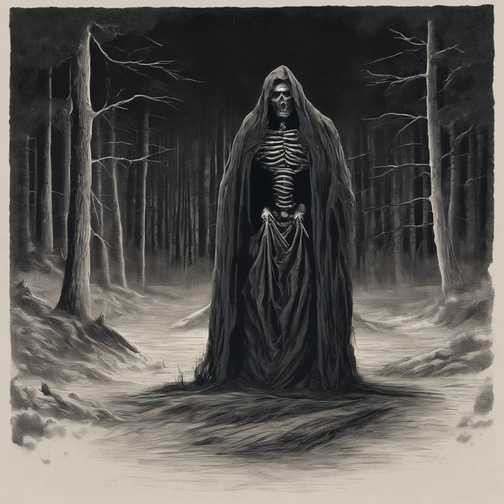 create an image of a mummy hearing a black robe in a thunderstorm of a pine forest at night, creepy, dark vibes, horror