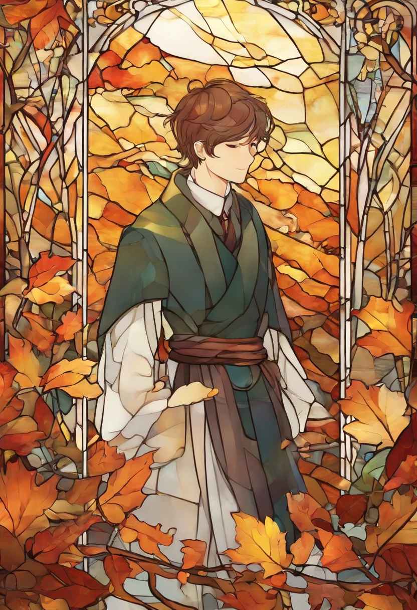 (((masterpiece))),best quality, autumn scenery, 1man, warm color, short hair, smile, calm expression