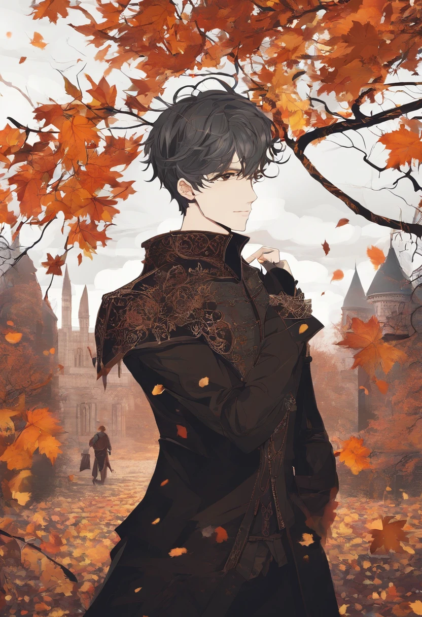 (((masterpiece))),best quality, autumn scenery, 1man, warm color, short hair, smile, calm expression