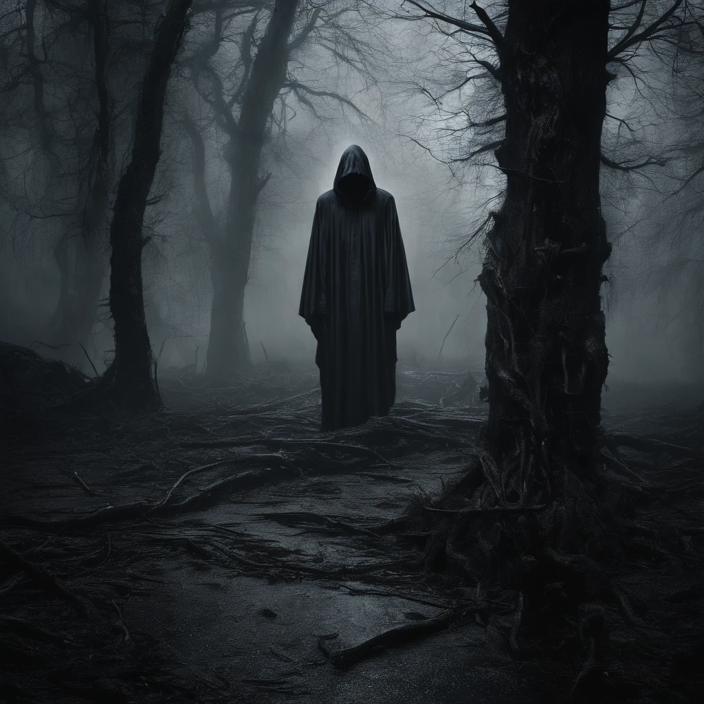 (best quality,4k,8k,highres,masterpiece:1.2),ultra-detailed,(realistic,photorealistic,photo-realistic:1.37),mummy,black robe,thunderstorm,pine forest,night,creepy,dark vibes,horror,haunting,ominous,menacing,dread,lightning,branches,shadows,windy,stormy,mist,spooky atmosphere,sinister,mysterious,ominous clouds,gnarled trees,thunder,rain,drenched,moss-covered ground,eerie,skeleton-like,ancient,decayed bandages,hollow eyes,pale skin,hooded figure,lurking,drenched in rain,unsettling,gothic backdrop,endless darkness,footprints disappearing in the mist,foreboding silence,solemn,a sense of dread,damp and cold solitude,isolated,nightmarish,fearful anticipation,ominous presence,desolate,terror-stricken,weird whispers,crow cawing,cracking thunder,ghastly figure emerging.