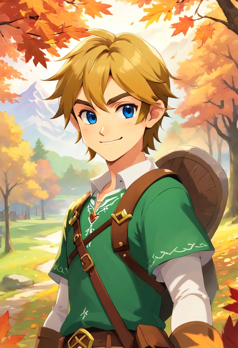 (((masterpiece))),best quality, autumn scenery, 1man, warm color, short hair, smile, calm expression