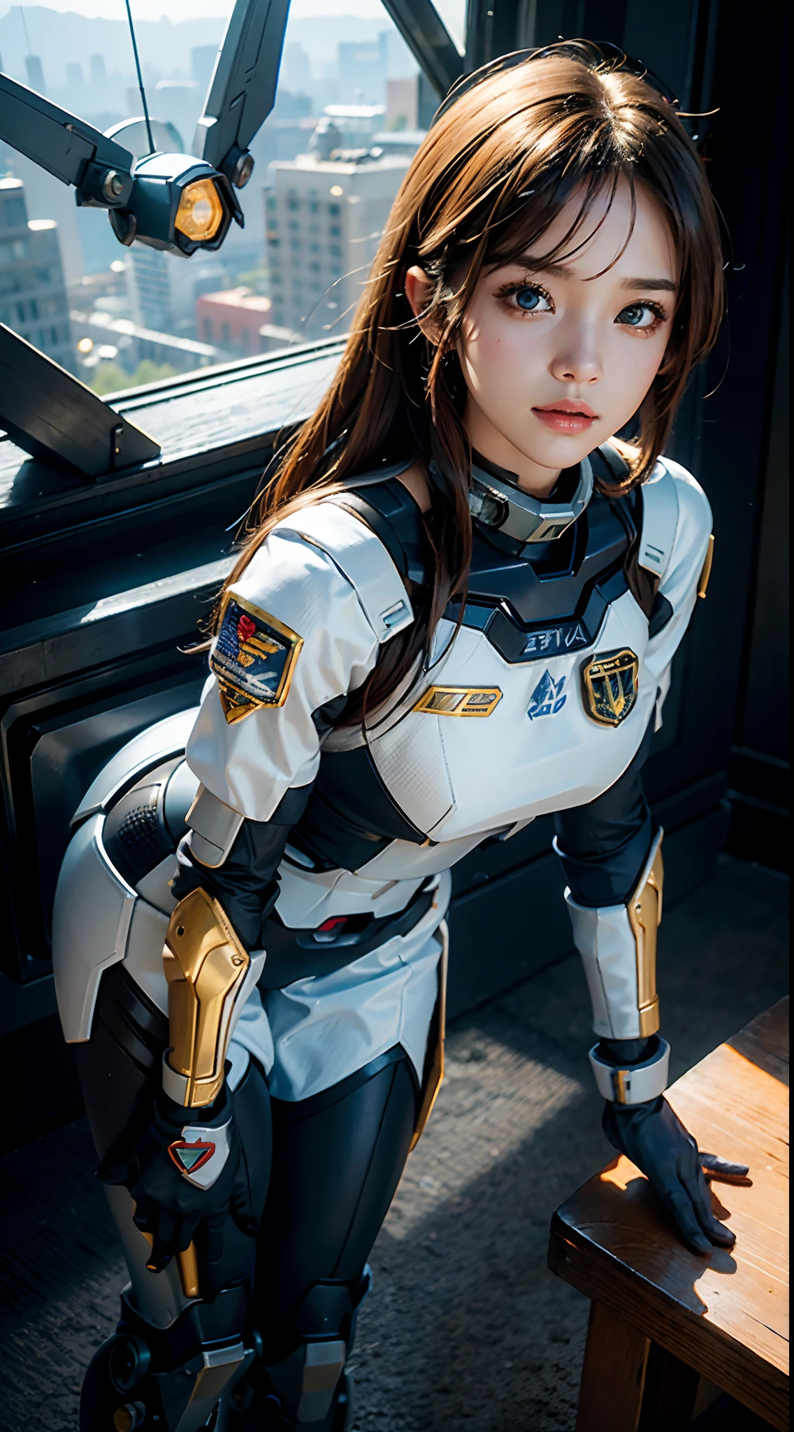 primitive， tmasterpiece， ultra fine photos， best qualtiy， 超高分辨率， realisticlying， rays of sunshine， full-body portraits， stunningly beautiful， ， Cowboy fighting pose， delicated face， Vibrant eyes， （Front view） A closeup of a woman， with short golden hair， Girl in mecha network armor， Retrato Armored Astronauta Menina， Overwatch's D. va， Female mech，Gundam on，gundam head，Mobile Suit，Streamlined golden armor，schoolgirls，realistic cosplay，Gundam armor