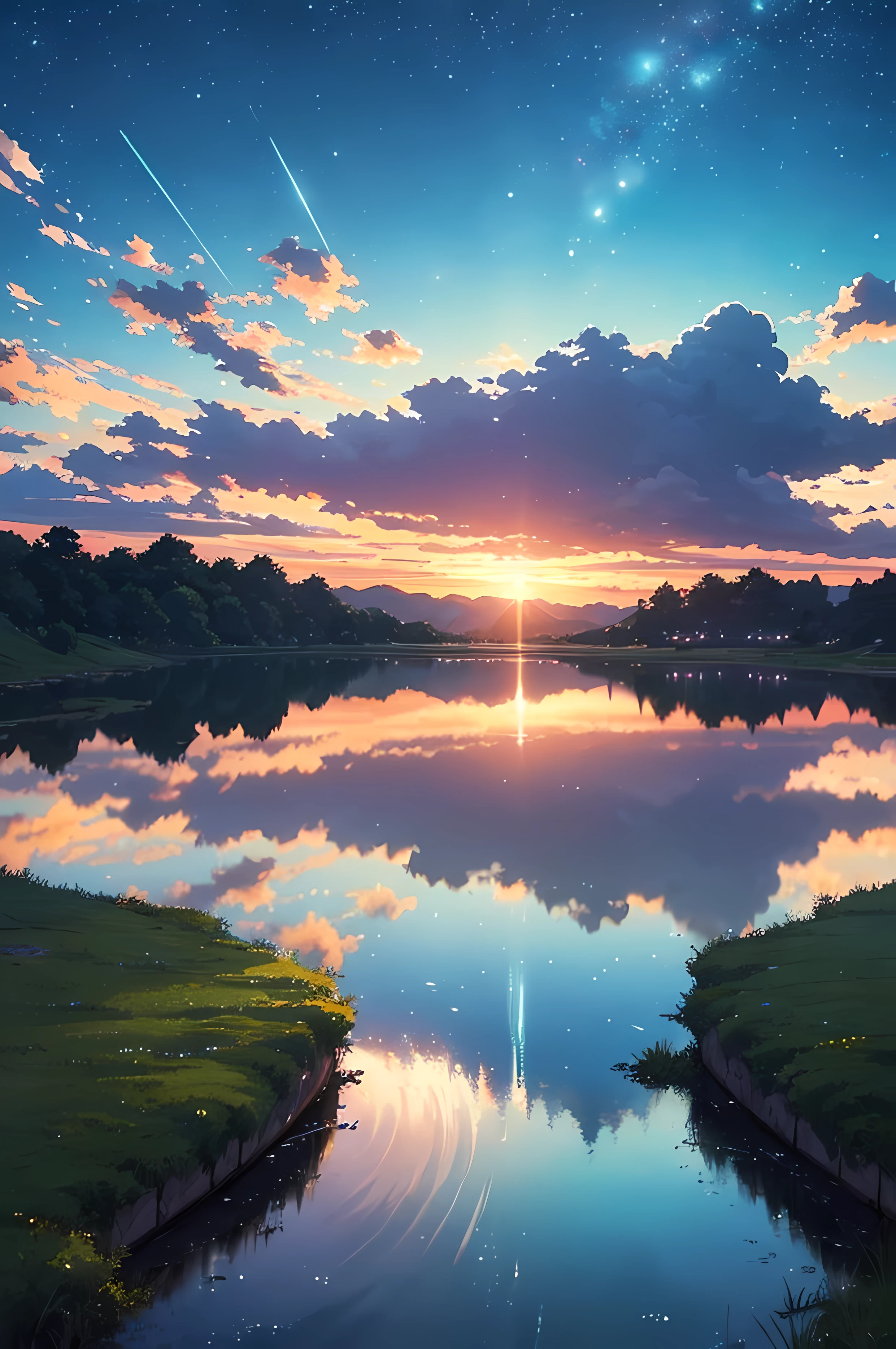 High quality masterpieces, landscapes, clouds, anime train passing water bodies on railway tracks in the distance, bright starry sky. traveler, romantic lights, pixiv, concept art, lofi art style, reflection. Makoto Shinkai, rophy art, beautiful anime scenes, anime scenery, detailed scenery — width 672, Makoto Shinkai's style, Makoto Shinkai's style, enhanced details.