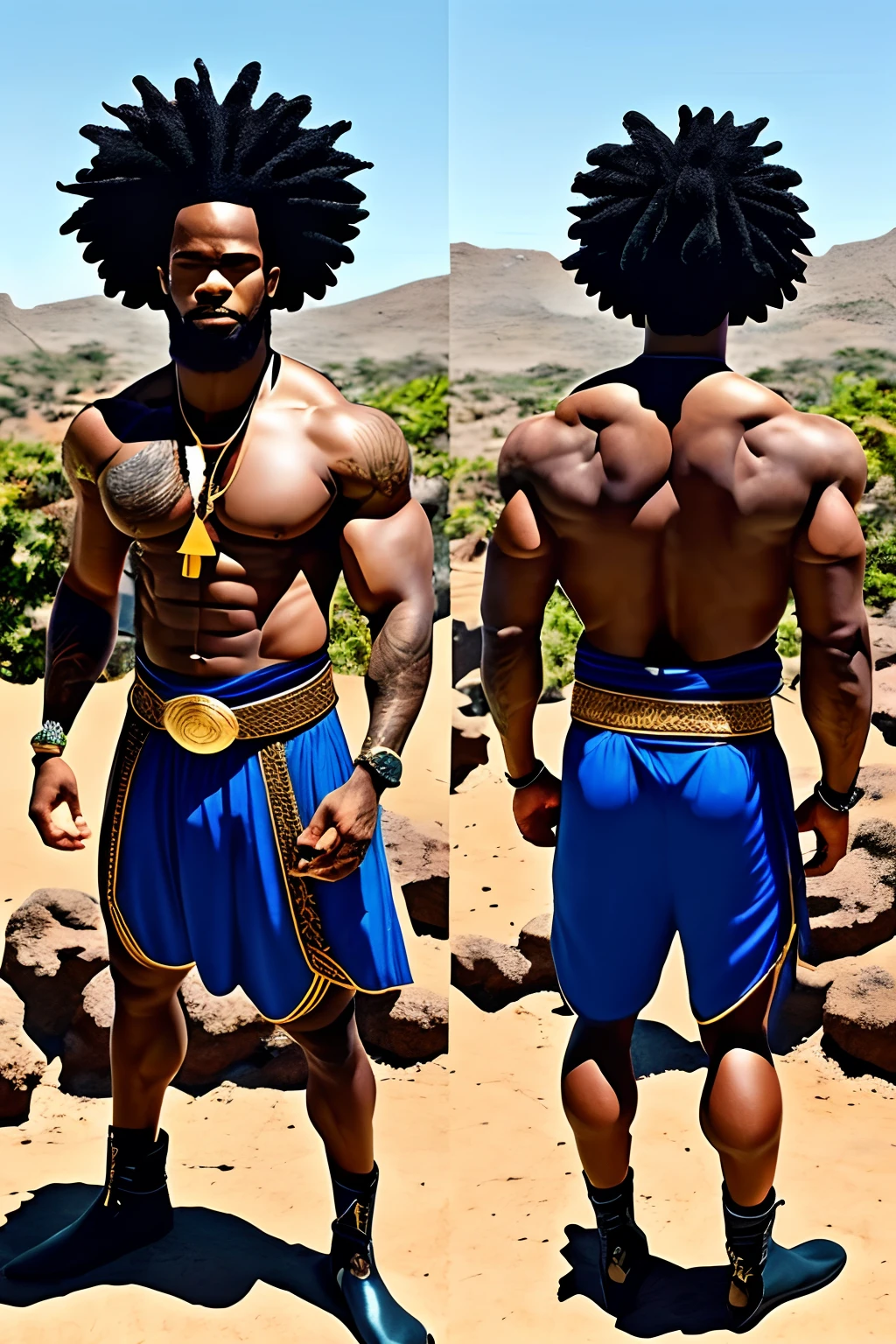 Create an image of a black ninja after an apocalypse in the future, afro cabelo caindo para frente, Rasta type but braided, corpo inteiro, vestindo um traje indiano ribulo africano corpo inteiro, A realistic 4K phoenix with blue feathers, dourado, cosmico , com uma Moreno, de cabelo afro cabelo caindo para frente, Rasta type but braided, Estilo Art Vista de Corpo Inteiro, plano completo, vista frontal, Vista lateral, vista traseira, de personagem, Multiple views and poses, various points of view, um personagem, corpo inteiro, personagem com menos, estilo de roupa, no mesmo Estilo de cabelo, less Type of footwear, strong full-body vision, plano completo, vista frontal, vista traseira, design de personagem, Multiple views and poses, various points of view, de um personagem, corpo inteiro,, personagem com mesmo, estilo de roupa, no mesmo Estilo de cabelo, same type of footwearThe route follows the cores of the Cape Verde flag. The top is deep blue, simbolizando o oceano que cerca as ilhas. The chest and the central part are white, representando a paz e a unidade do povo cabo-verdiano. The sleeves and legs are red, denoting determination and spirit, do 10 Estrelas Douradas, : Ten gold stars are prominently displayed at the top of the costume, ao longo do peito e ombros, representando as 10 principais ilhas de Cabo Verde. Cada estrela, It is carefully detailed and shines brightly against the background Star Belt A wide belt, also golden, is used in Tribal Details, O traje incorpora elementos tribais discretos em seu design, referencing the cultural heritage of Cape Verde