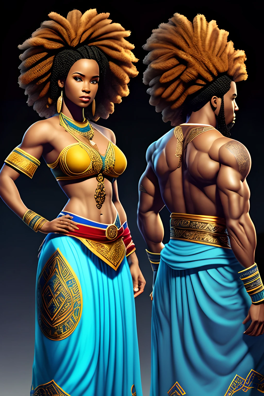 Create an image of a black ninja after an apocalypse in the future, afro cabelo caindo para frente, Rasta type but braided, corpo inteiro, vestindo um traje indiano ribulo africano corpo inteiro, A realistic 4K phoenix with blue feathers, dourado, cosmico , com uma Moreno, de cabelo afro cabelo caindo para frente, Rasta type but braided, Estilo Art Vista de Corpo Inteiro, plano completo, vista frontal, Vista lateral, vista traseira, de personagem, Multiple views and poses, various points of view, um personagem, corpo inteiro, personagem com menos, estilo de roupa, no mesmo Estilo de cabelo, less Type of footwear, strong full-body vision, plano completo, vista frontal, vista traseira, design de personagem, Multiple views and poses, various points of view, de um personagem, corpo inteiro,, personagem com mesmo, estilo de roupa, no mesmo Estilo de cabelo, same type of footwearThe route follows the cores of the Cape Verde flag. The top is deep blue, simbolizando o oceano que cerca as ilhas. The chest and the central part are white, representando a paz e a unidade do povo cabo-verdiano. The sleeves and legs are red, denoting determination and spirit, do 10 Estrelas Douradas, : Ten gold stars are prominently displayed at the top of the costume, ao longo do peito e ombros, representando as 10 principais ilhas de Cabo Verde. Cada estrela, It is carefully detailed and shines brightly against the background Star Belt A wide belt, also golden, is used in Tribal Details, O traje incorpora elementos tribais discretos em seu design, referencing the cultural heritage of Cape Verde