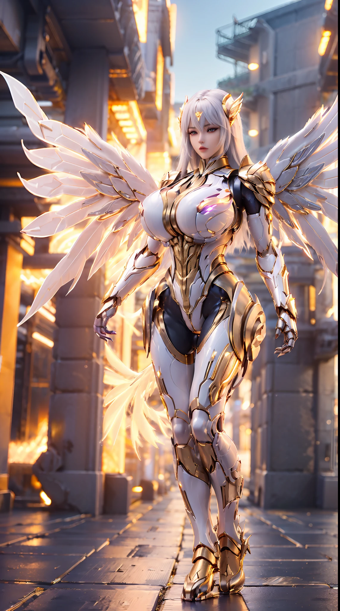 HUGE FAKE BOOBS, (BEAUTIFUL), (GOLD, WHITE), FUTURISTIC PHOENIX ARMOR GEAR, FUTURISTIC MECHA SUIT, (CLEAVAGE), ((LARGEST MECHANICAL GODDESS WINGS)), (SKINTIGHT YOGA PANTS), (TALL LEGS), FRONT, (STANDING), SLENDER SEXY BODY, MUSCLE ABS, UHD, 8K, 1080P.