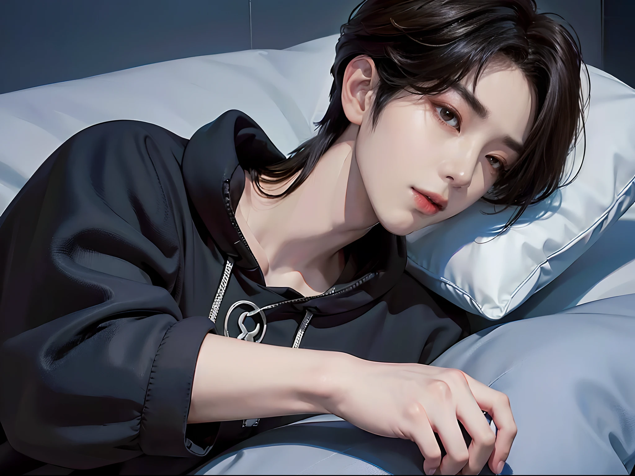 ((4K works))、masterpiece、(top-quality)、((high-level image quality))、((One Manly Boy))、Slim body、((Stylish black hoodie))、(Detailed beautiful eyes)、Stylish bedroom、Selfie with head on pillow、Face similar to Chaewon in Ruseraphim、((short hair above the ears))、((Smaller face))、((Neutral face))、((Light brown eyes))、((Korean boy))、((18year old))、((Handsome man))、((Wild look))、((Korean Makeup))、((elongated and sharp eyes))、((Happy dating))、((Lying on the futon with your head on the pillow))、((Shooting from the side))、((He gives the viewer an arm pillow))、((Only the upper part of the body is visible))、((He sleeps next to the viewer))、(((selfee)))、((Face Close-up))、((Focus Zoom))、((Focus zoom on face))