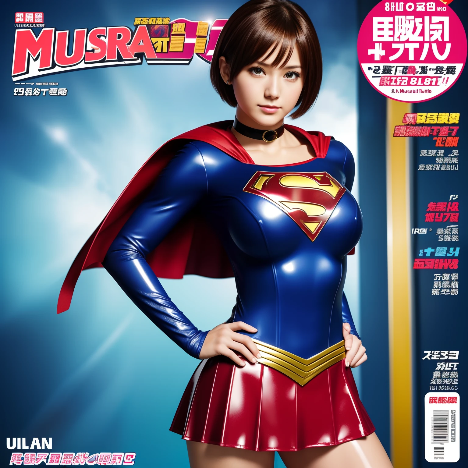 (Best Quality,4K,8K,hight resolution,masutepiece:1.2),Ultra-detailed,Realistic:1.37,Super masterpiece,Short-haired Supergirl、large full breasts、Looking at the camera、Glossy costume、a choker、Too short miniskirt、Magazine covers、Shōnen Magazines